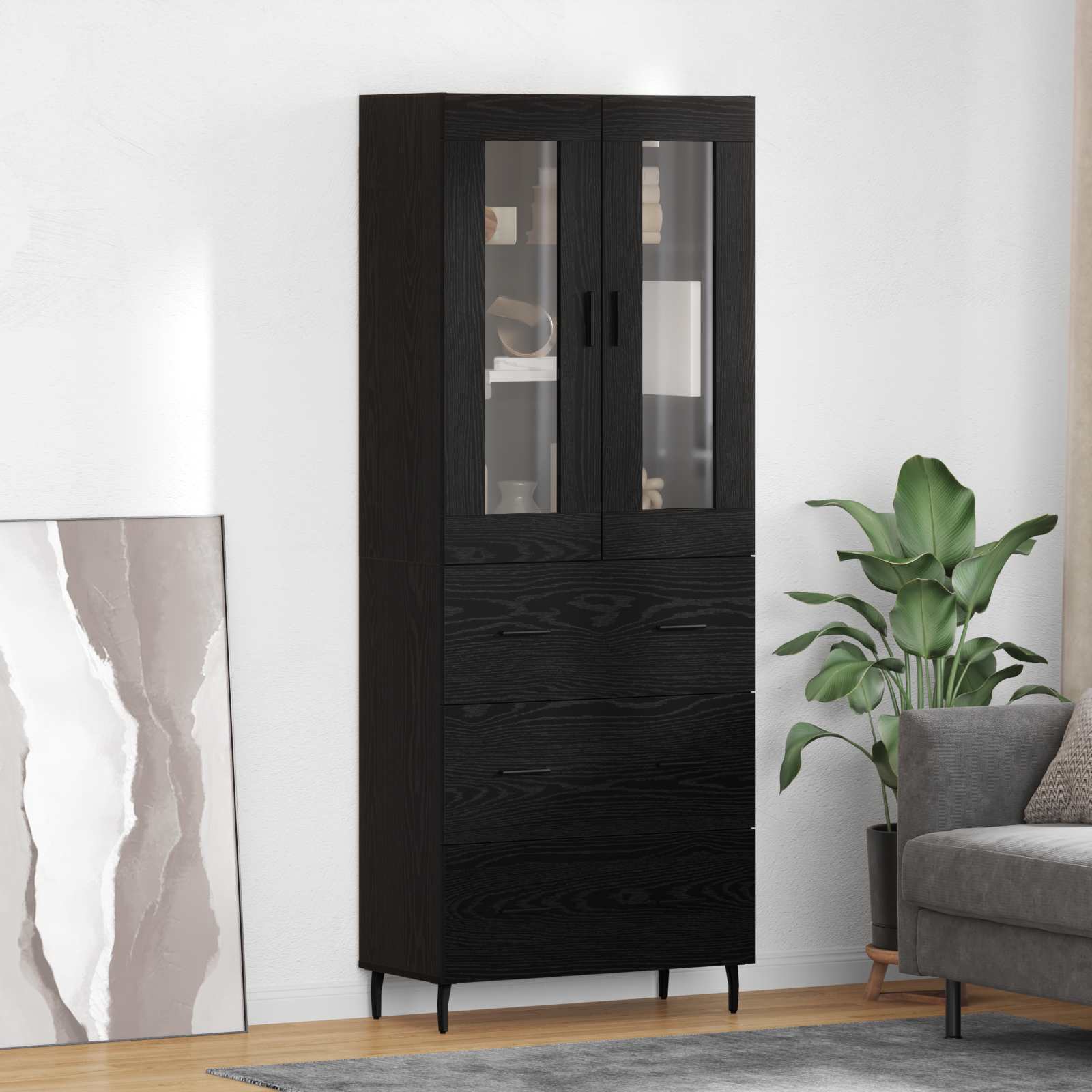 Highboard με συρτάρι 2 pcs Μαύρη Οξυά Επεξεργασμένο ξύλο