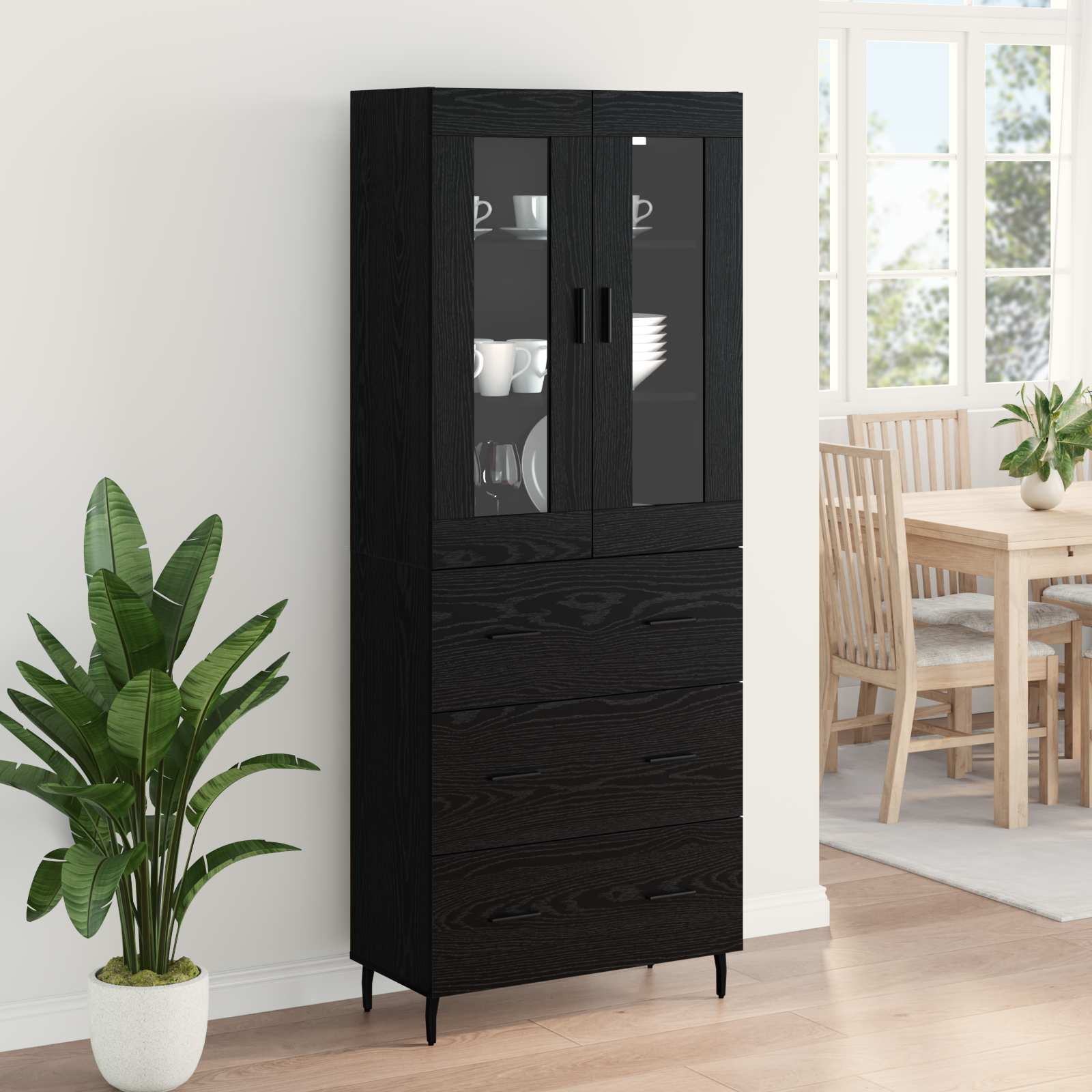 Highboard με συρτάρι 2 pcs Μαύρη Οξυά Επεξεργασμένο ξύλο