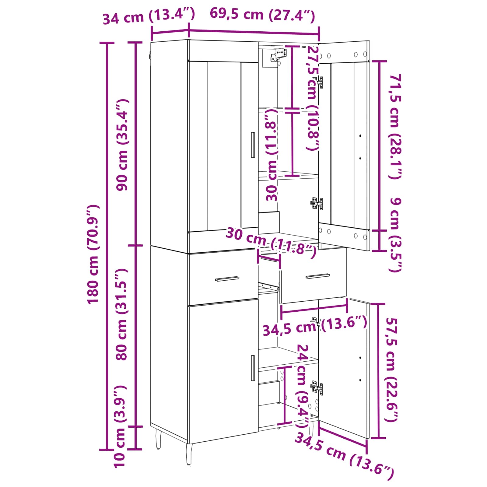 Highboard με συρτάρι 2 pcs Μαύρη Οξυά Επεξεργασμένο ξύλο