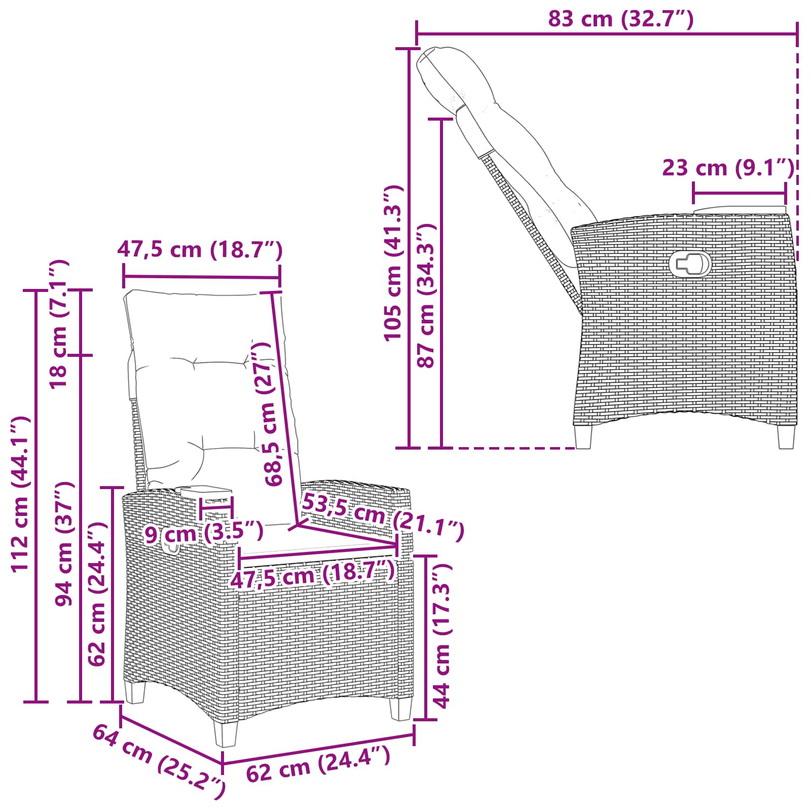 Ρυθμιζόμενη καρέκλα με επιτραπέζιο τσάι 62 x 64 x 112 εκ.