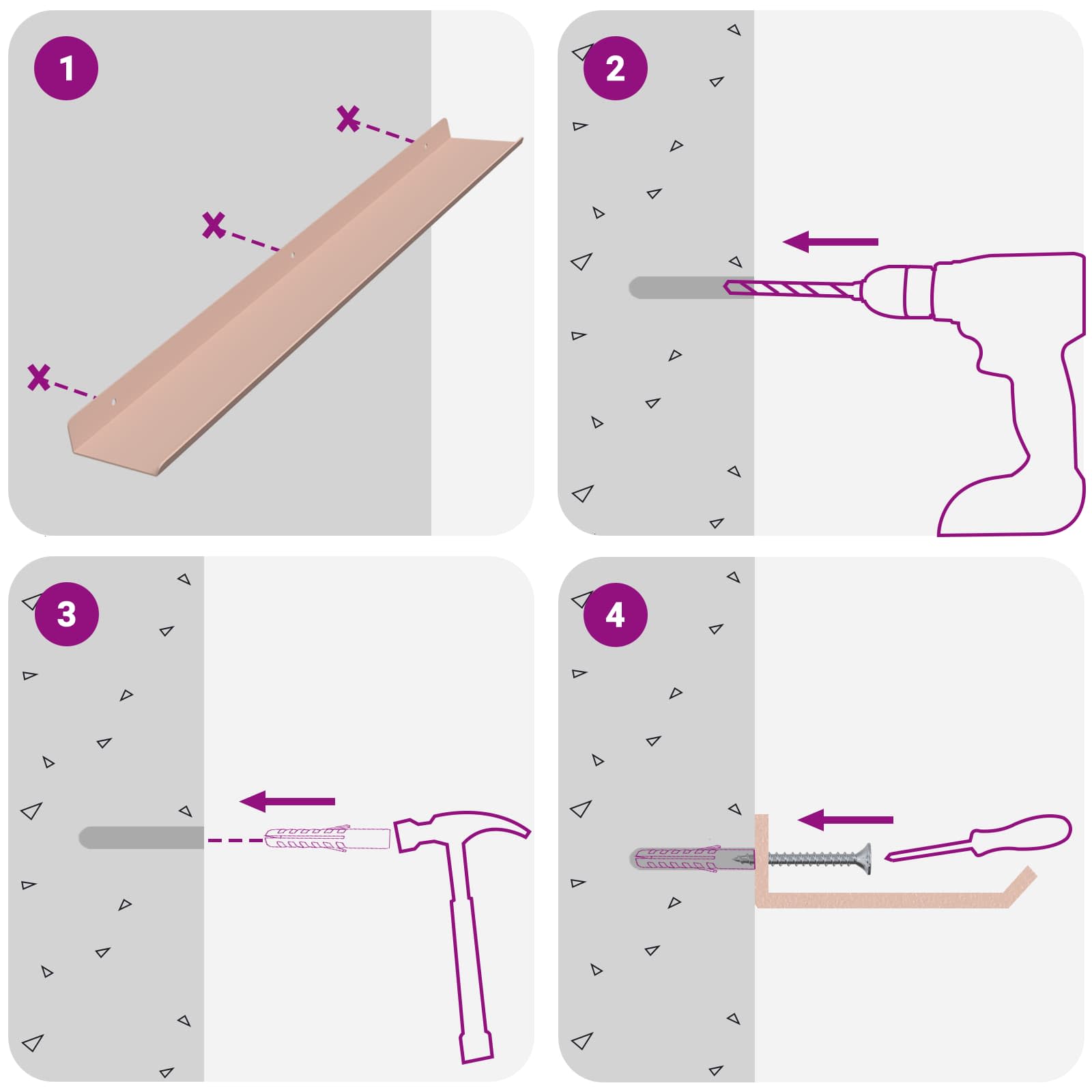 Πλωτό ράφι Επιτοίχιο 2 pcs Ροζ 60 x 9 x 2,5 εκ Ατσάλι