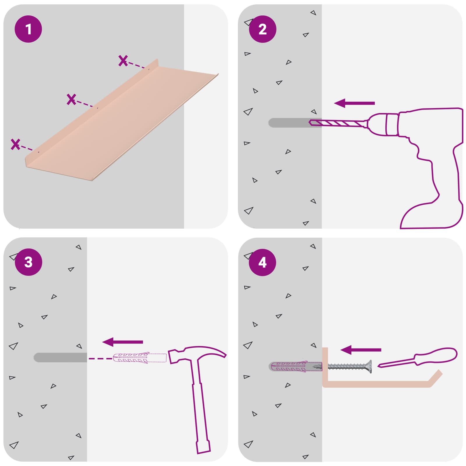 Πλωτό ράφι Επιτοίχιο 4 pcs Ροζ 60 x 18 x 2,5 εκ. Ατσάλι