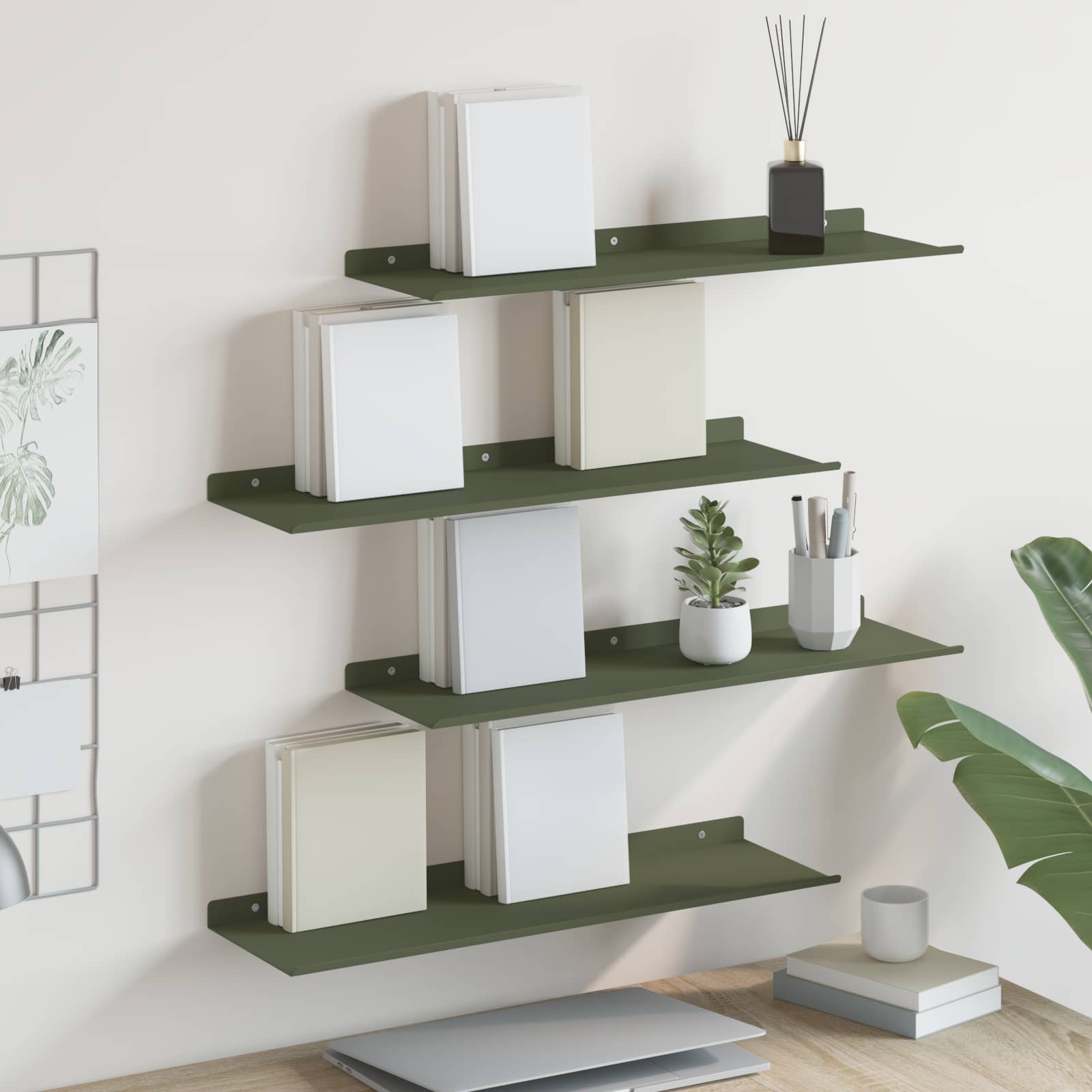 Πλωτό ράφι 4 pcs Ελιά Πράσινη 60 x 18 x 2,5 εκ. Ατσάλι