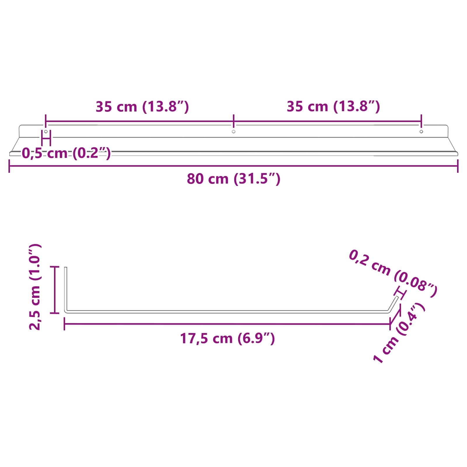 Πλωτό ράφι Επιτοίχιο 2 pcs Ροζ 80 x 18 x 2,5 εκ Ατσάλι