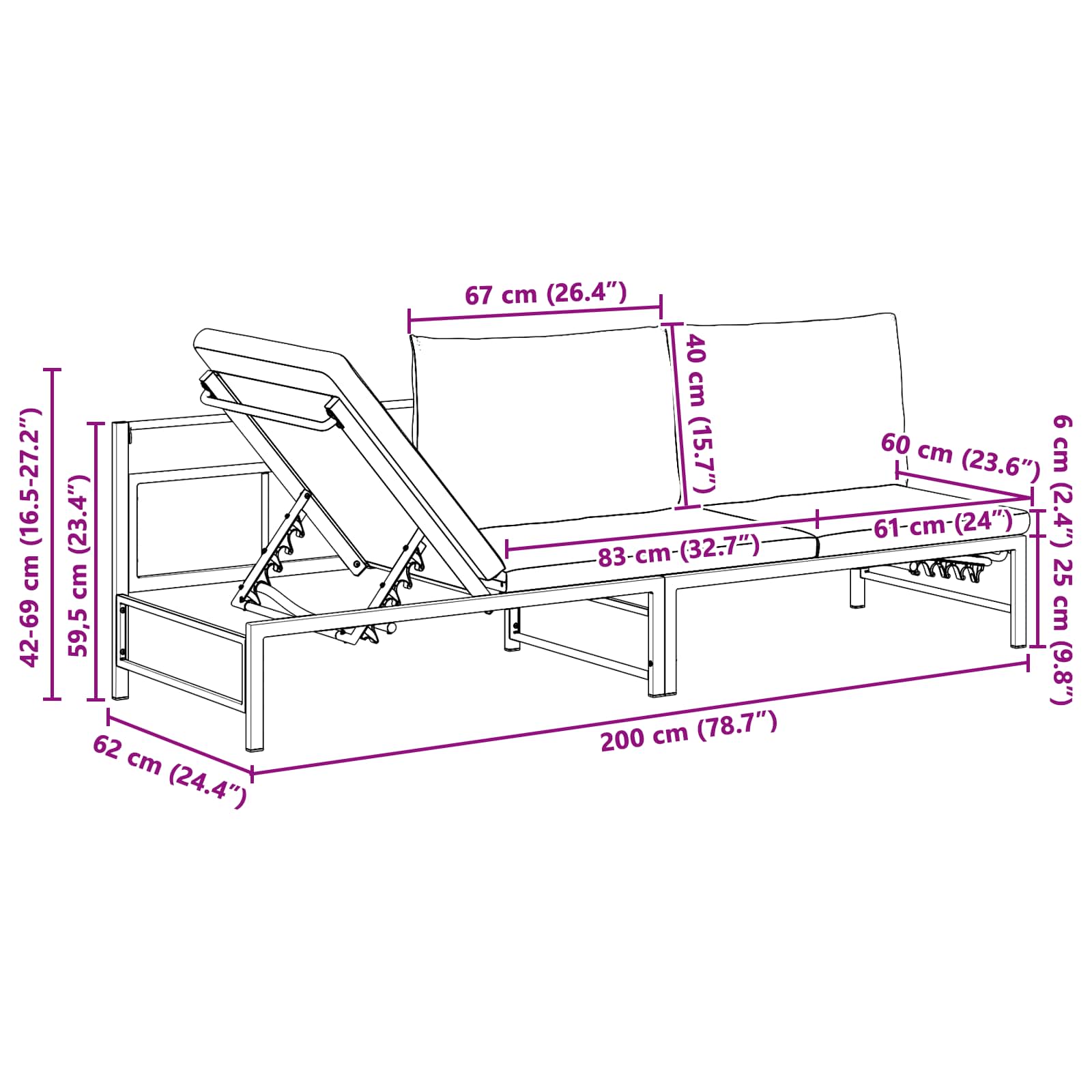 Ξαπλώστρα 3 Ατόμων Μαύρο 200 x 62 x 59 εκ Textilene - Pakobazaar