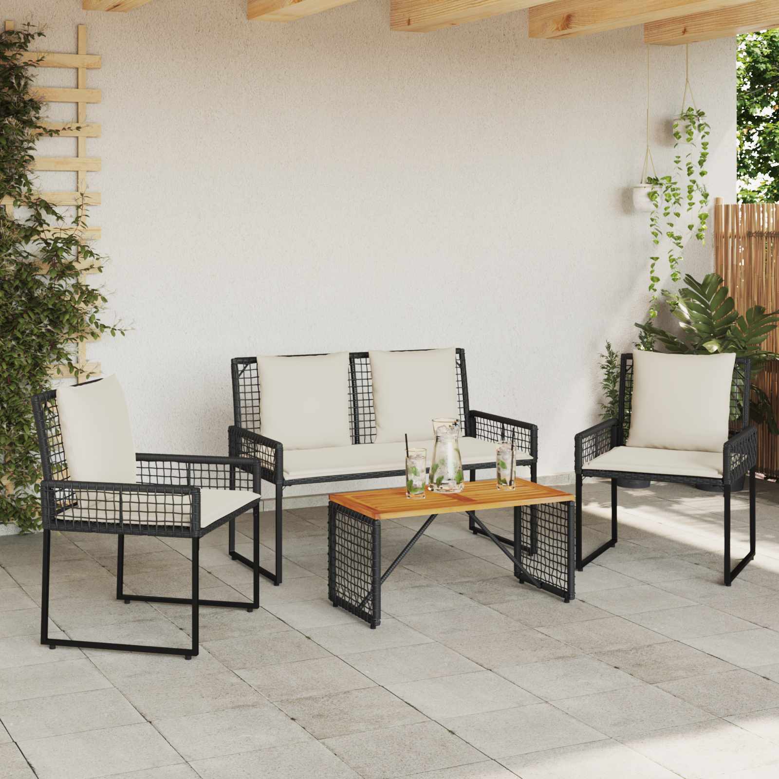 Σετ Εξωτερικών Επίπλων με μαξιλάρι 4 pcs Μαύρο και Κρεμ Λευκό - Pakobazaar