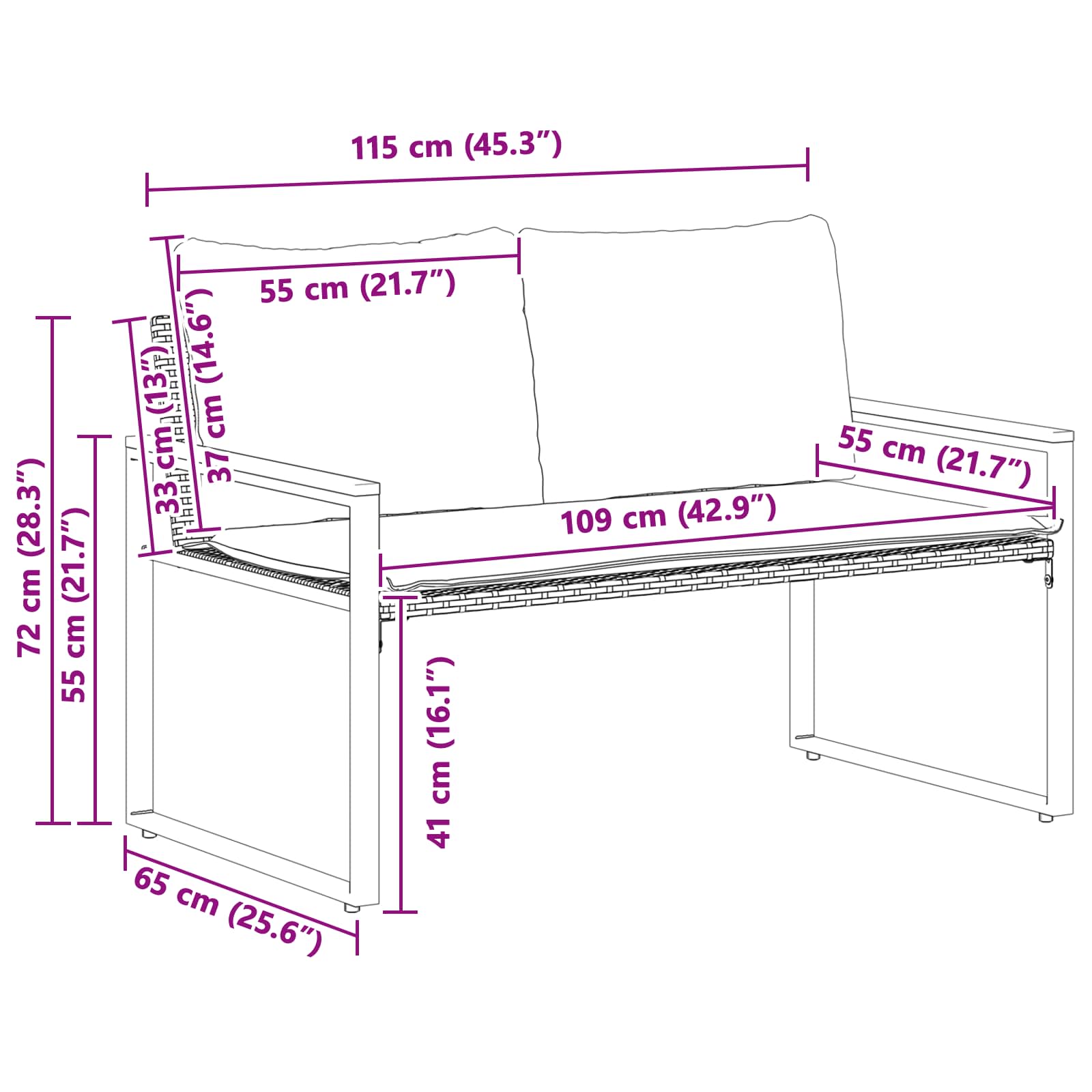 παγκάκι Μαύρο και Κρεμ Λευκό 115 x 65 x 72 εκ. Ρατάν
