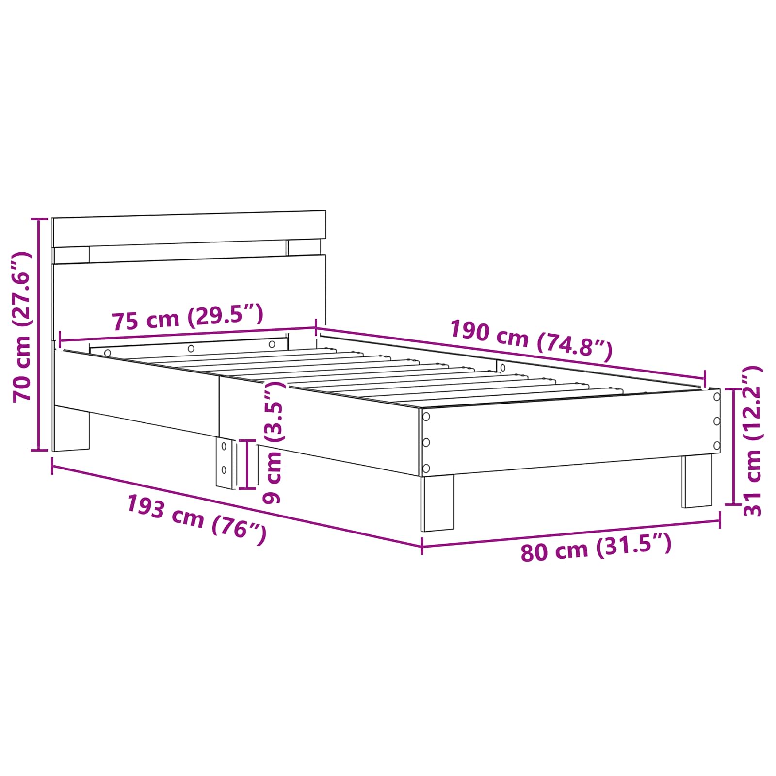 Σκελετός Κρεβατιού Μαύρη Οξυά 75 x 190 cm Επεξεργασμένο ξύλο - Pakobazaar
