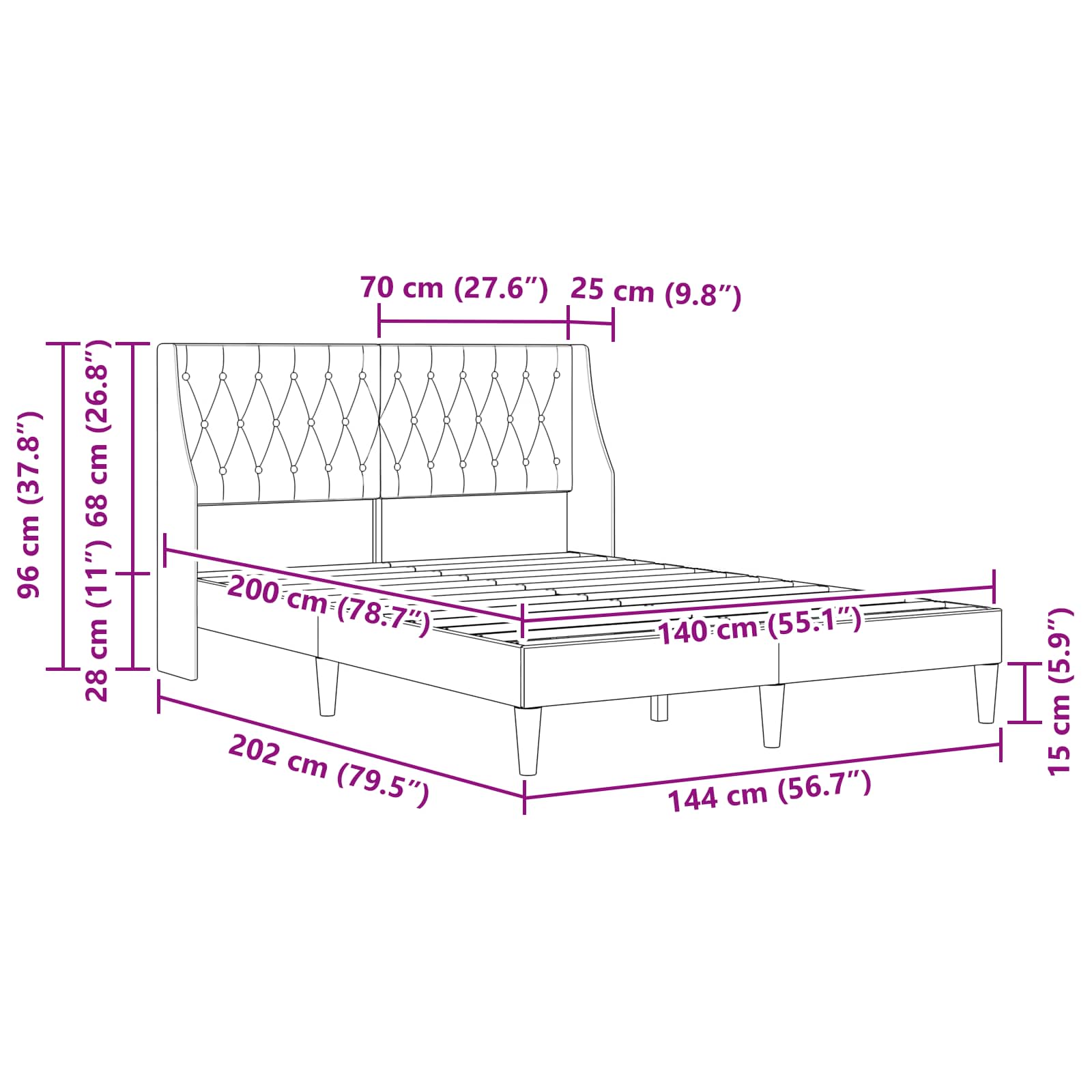 Σκελετός Κρεβατιού με κεφαλάρι Μαύρο 140 x 200 cm Βελούδο - Pakobazaar