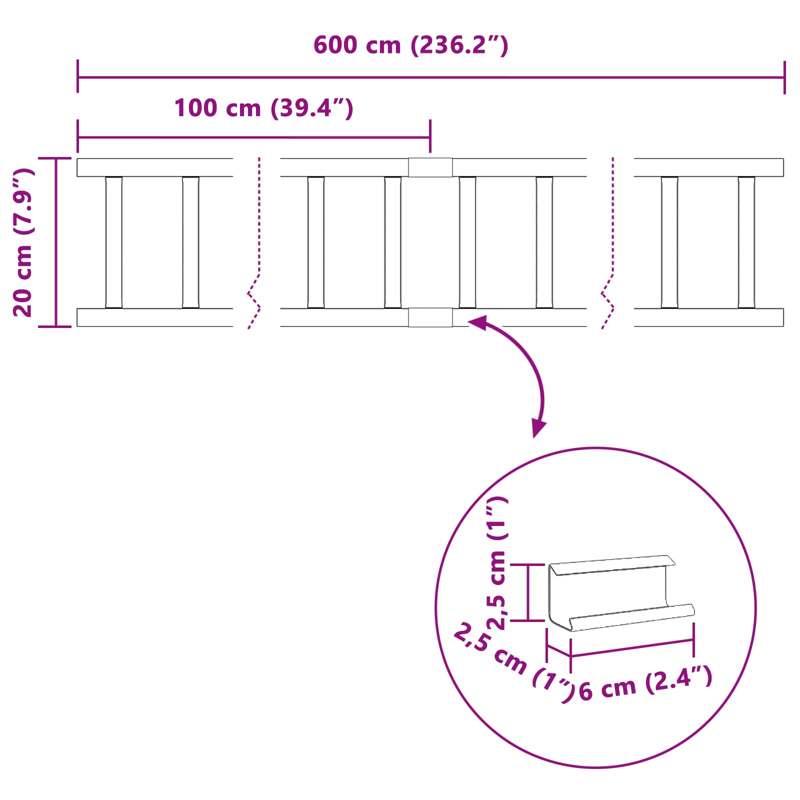Φρουρός χιονιού οροφής Μαύρο 600 x 2,5 x 20 εκ Ατσάλι
