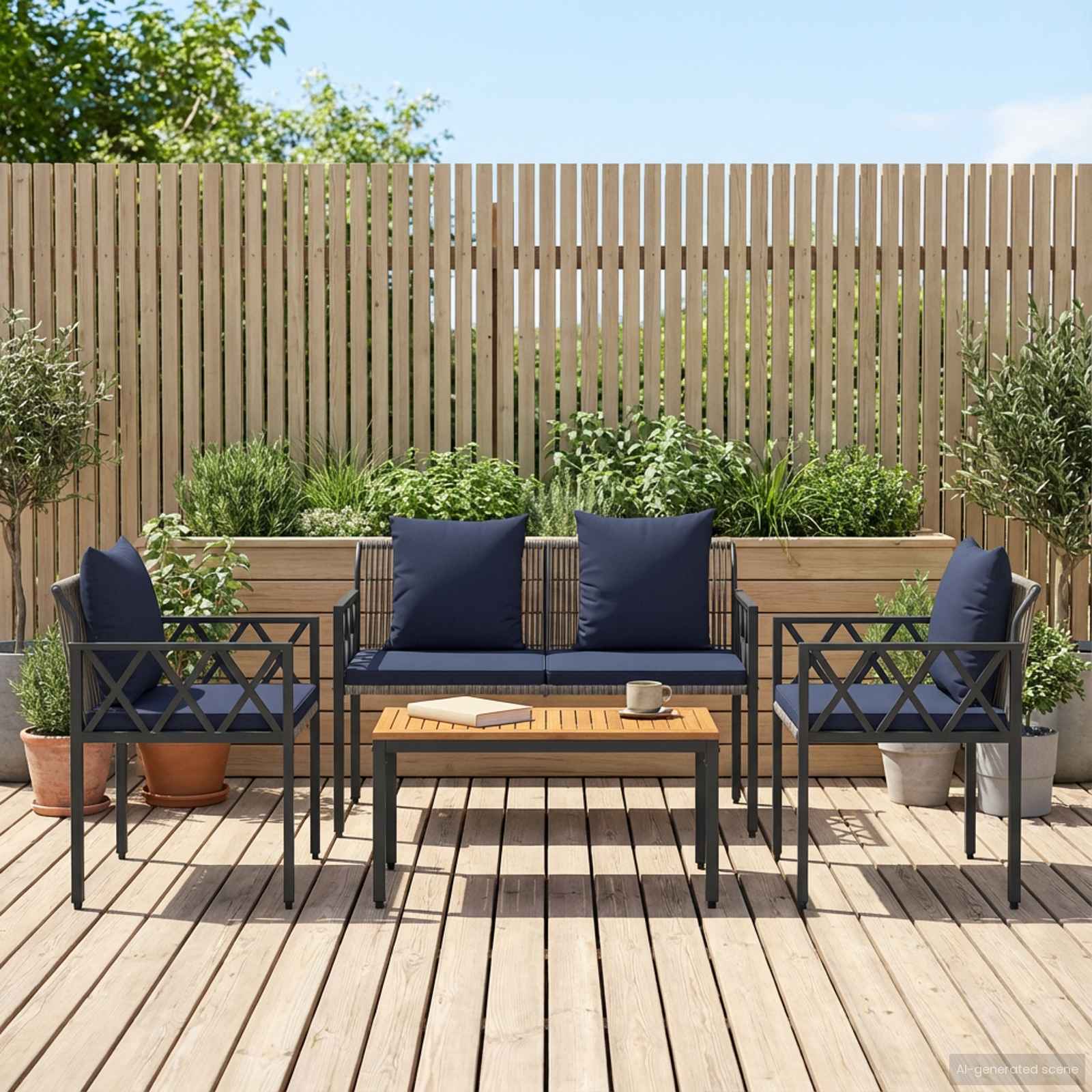 Σετ Εξωτερικών Επίπλων 4 pcs Γκρι και Navy Blue συνθετικό ρατάν