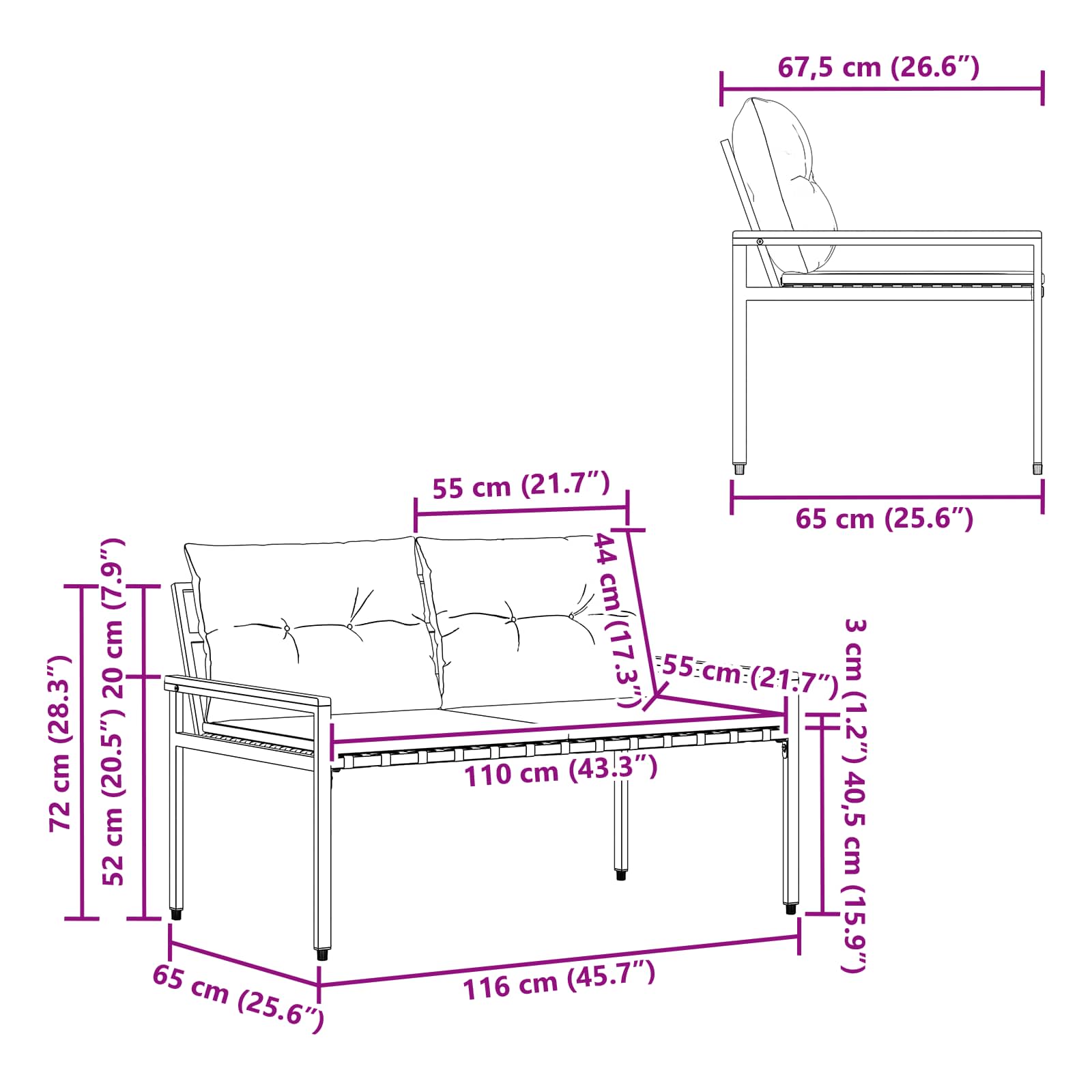 Εξωτερικός πάγκος 2 -Seater 116 x 67,5 x 72 εκ συνθετικό ρατάν