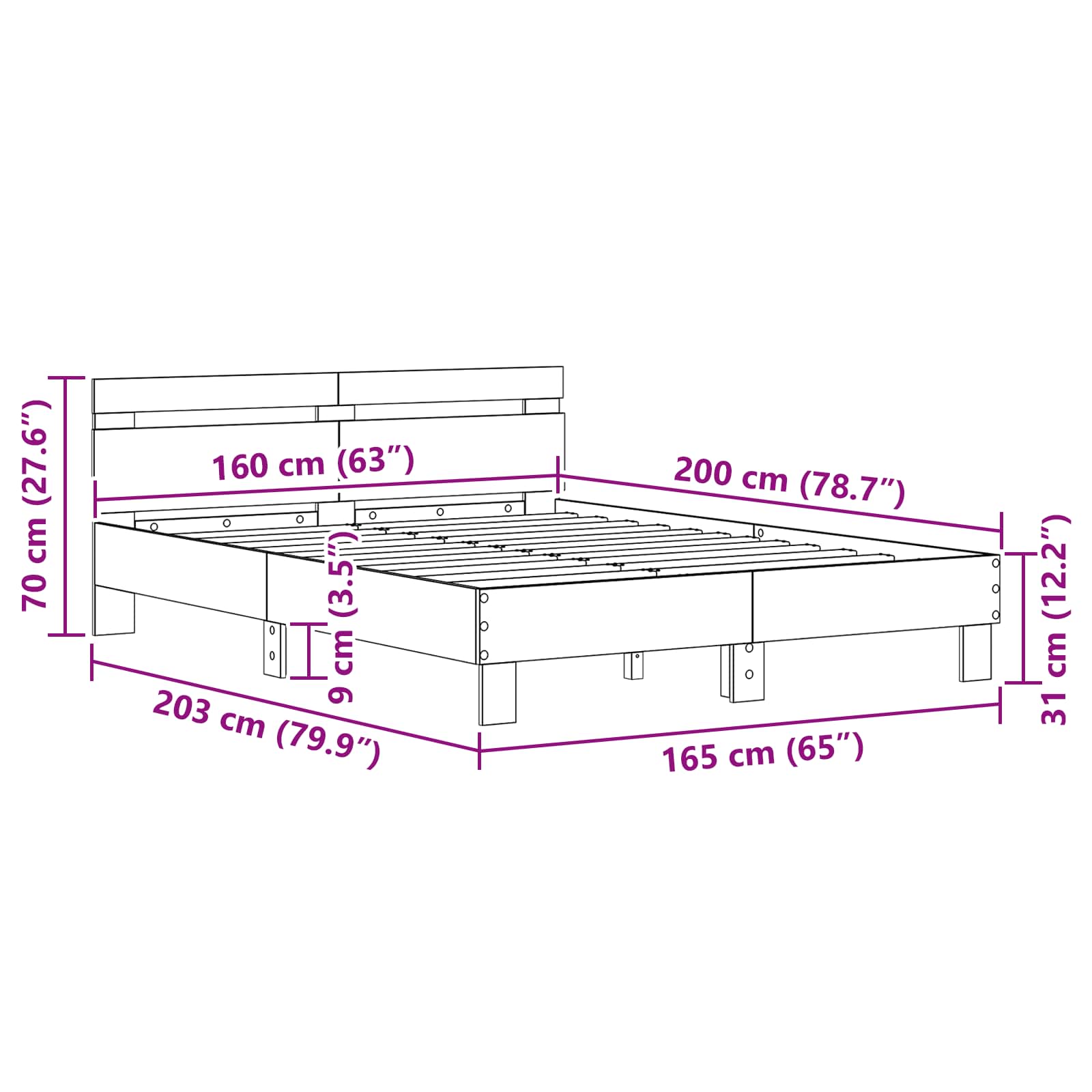 Σκελετός Κρεβατιού Μαύρη Οξυά 160 x 200 cm Επεξεργασμένο ξύλο - Pakobazaar