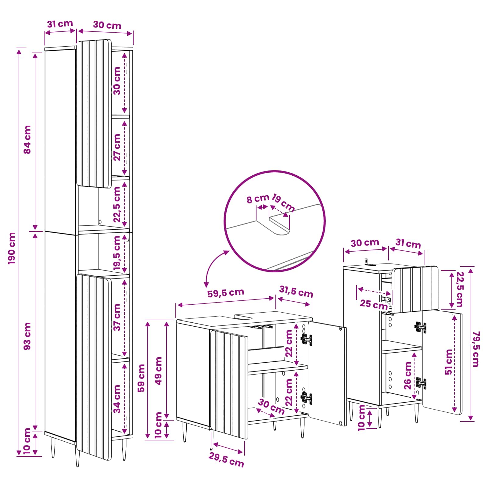 Σετ ντουλαπιών μπάνιου 3 τεμαχίων ZWOLLE Επεξεργασμένο Ξύλο - Pakobazaar