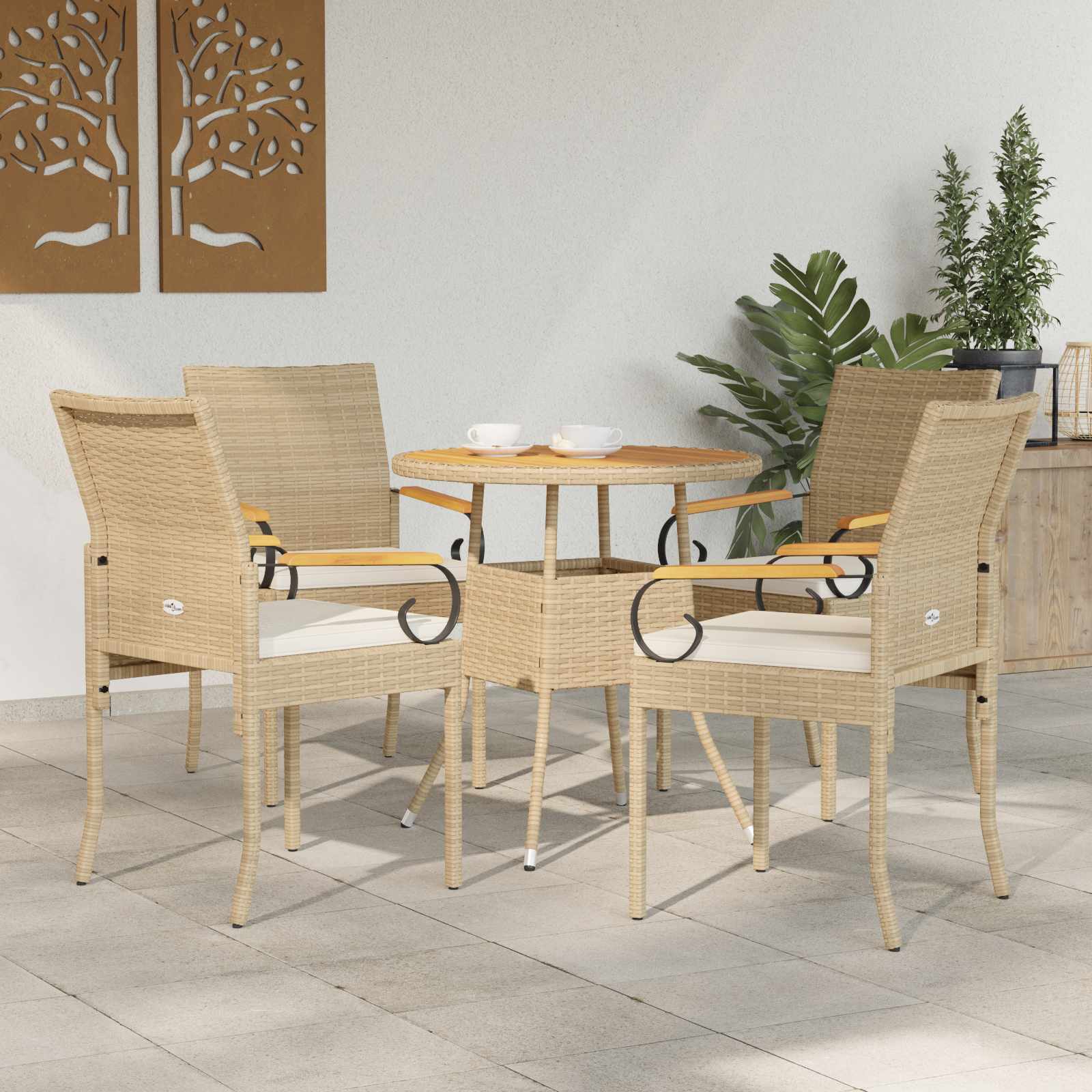 Καρέκλες Κήπου 4 pcs Μπεζ και Κρέμ Πολυ Ράτταν και Ακακία - Pakobazaar