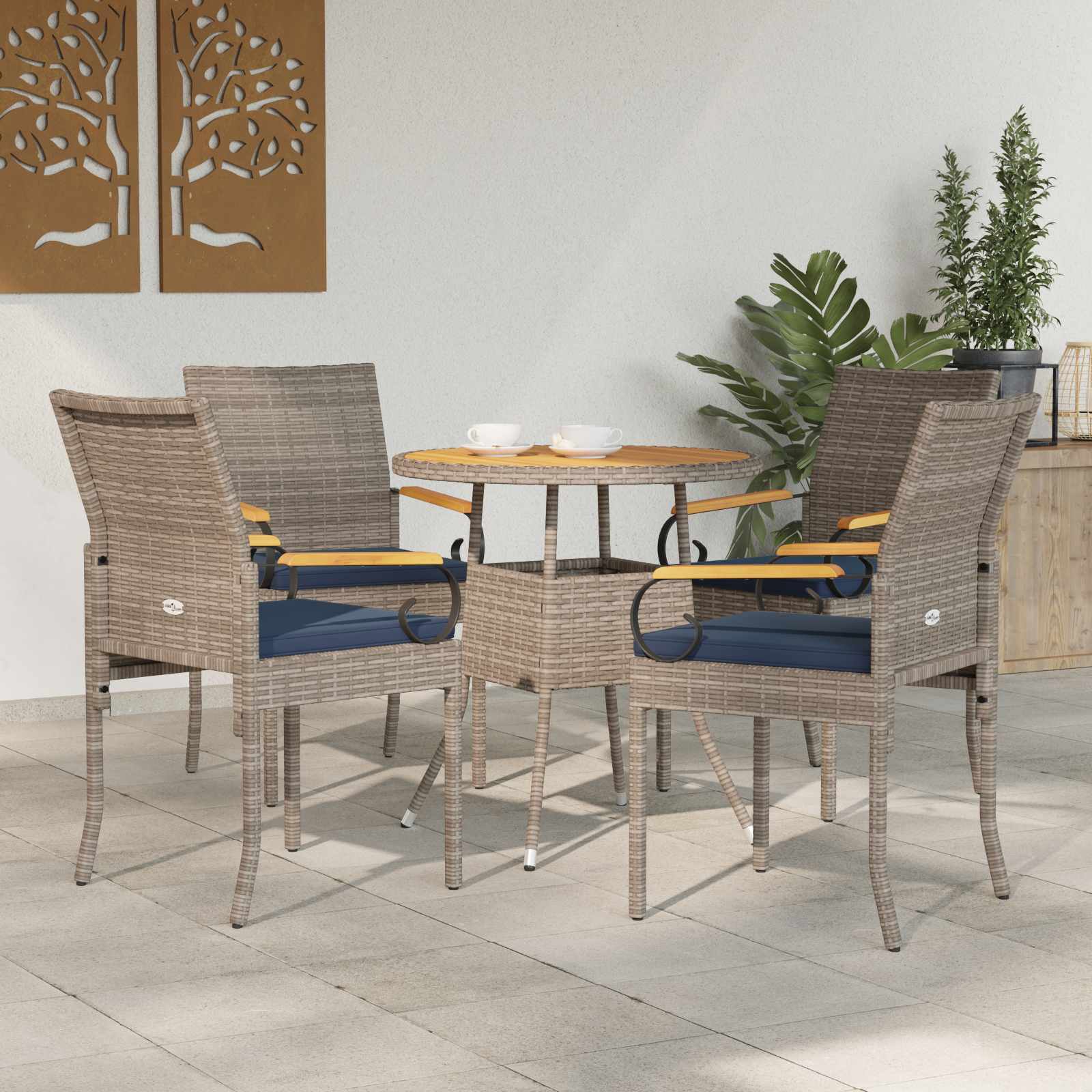 Καρέκλες Κήπου 4 pcs Γκρι και Navy Blue Πολυ Ράτταν και Ακακία - Pakobazaar