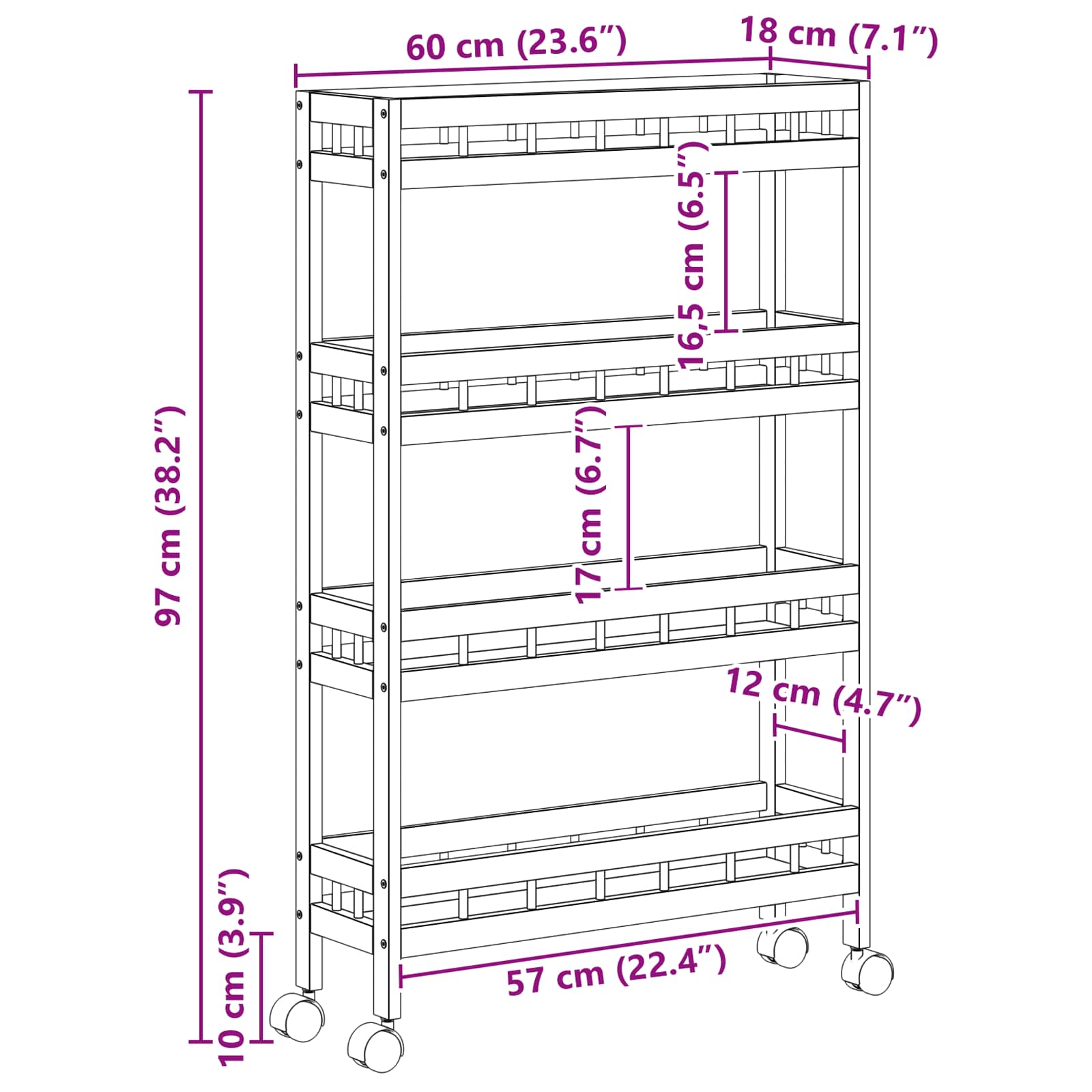 Καλάθι κουζίνας με ρόδες Φυσικό 60 x 18 x 97 εκ. Μπαμπού - Pakobazaar