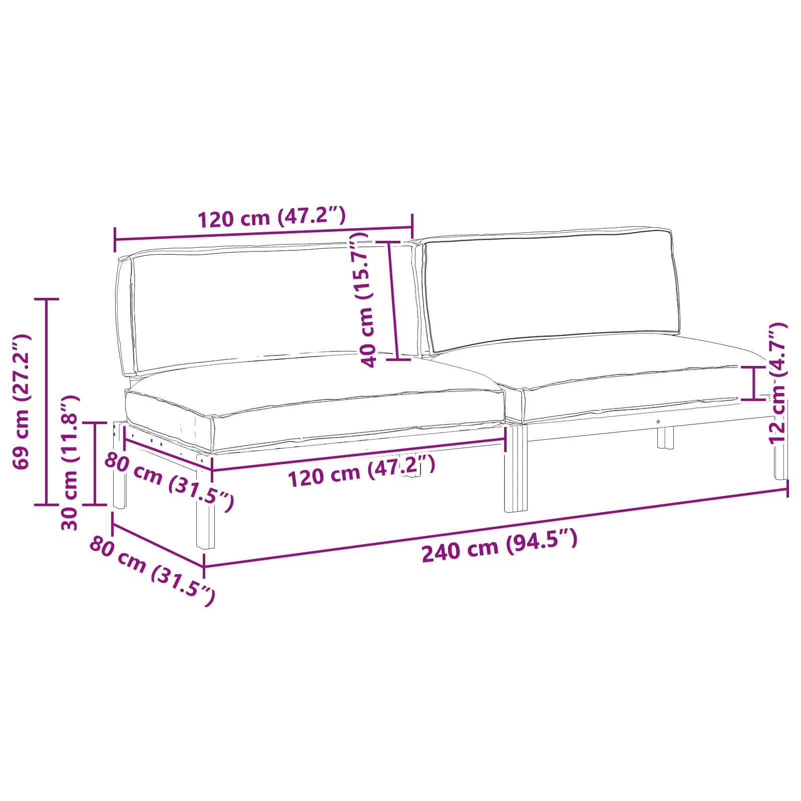 Σετ Καναπέ με μαξιλάρι Μονόχρωμο 2 pcs Κρεμ Στερεό Ξύλο Ακακίας