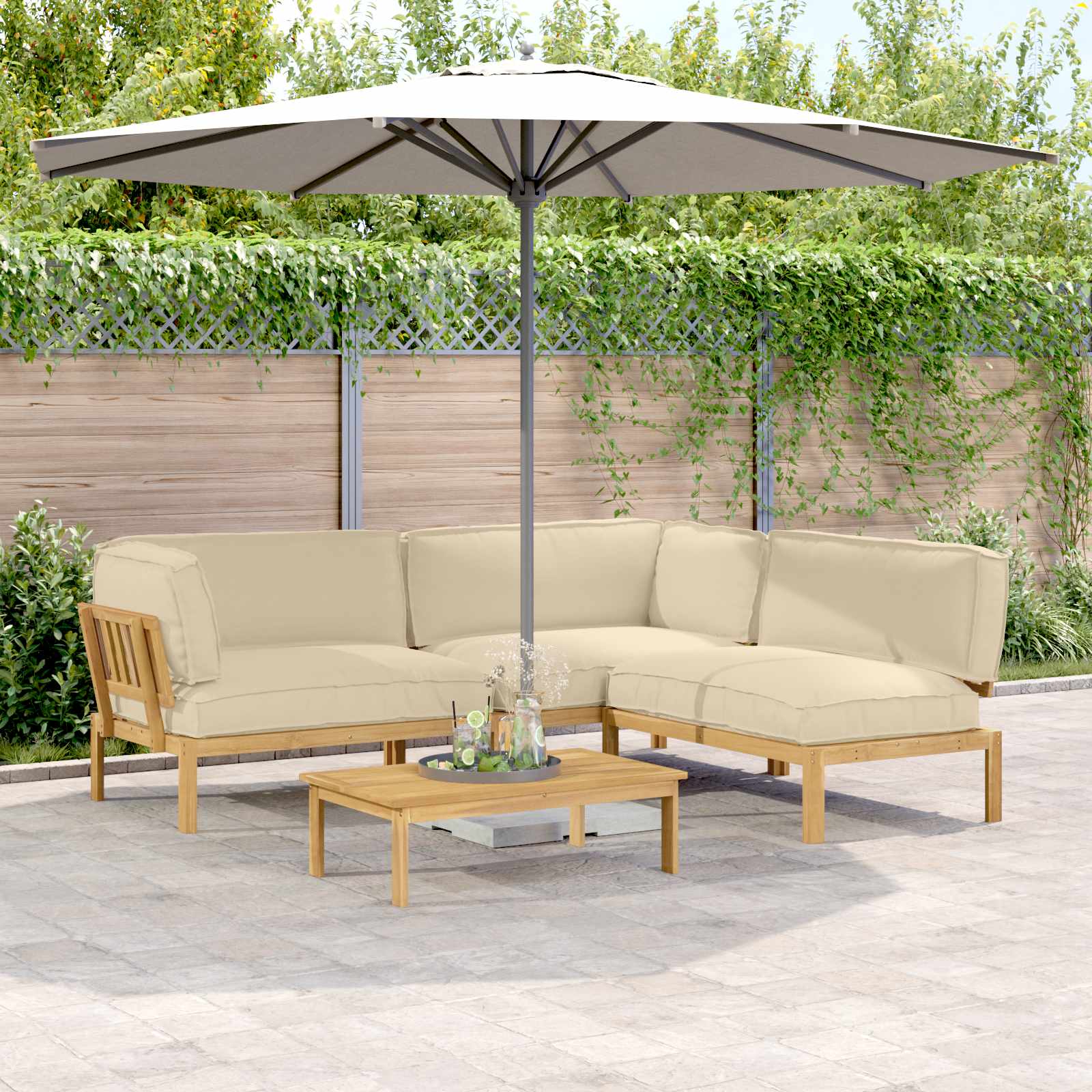 Σετ Καναπέ με μαξιλάρι Μονόχρωμο 4 pcs Μπεζ Στερεό Ξύλο Ακακίας - Pakobazaar