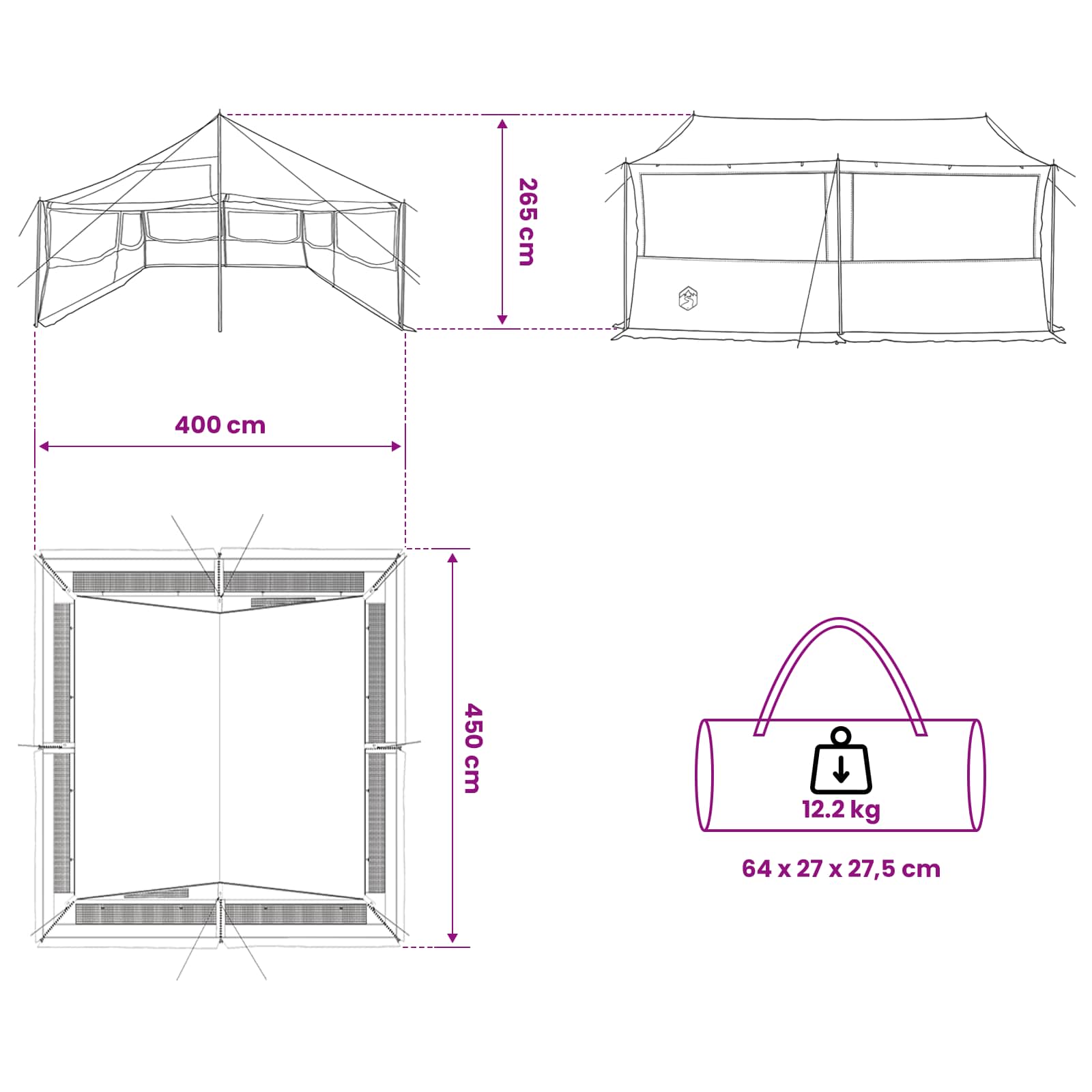 Οικογενειακή Σκηνή με στέγη Καφέ γκρι 450 x 400 x 265 εκ