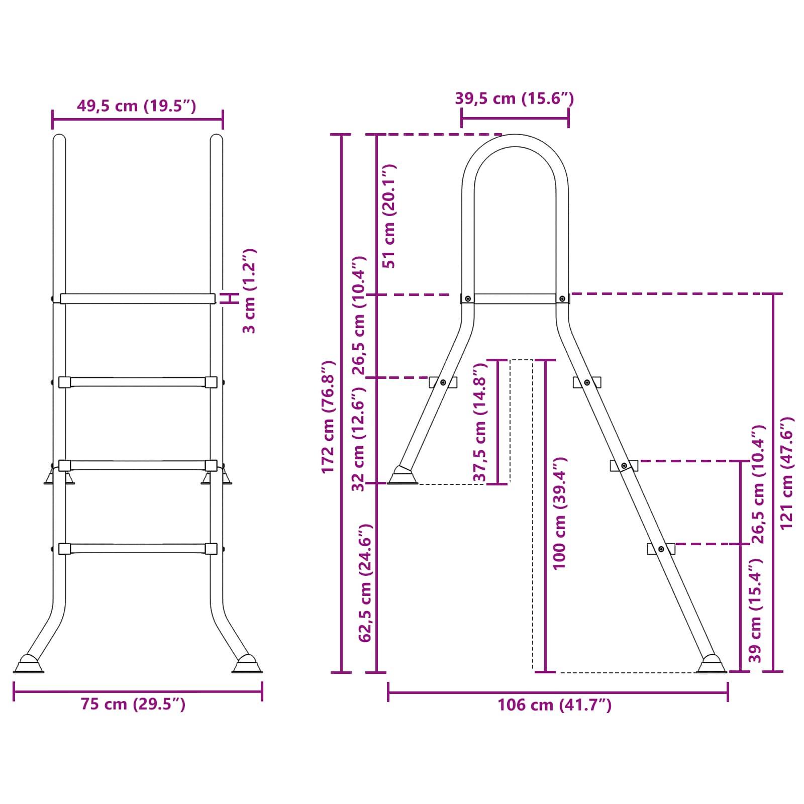 Σκάλα για μερικώς εντοιχισμένη πισίνα 172 x 106 cm 3-Βήμα