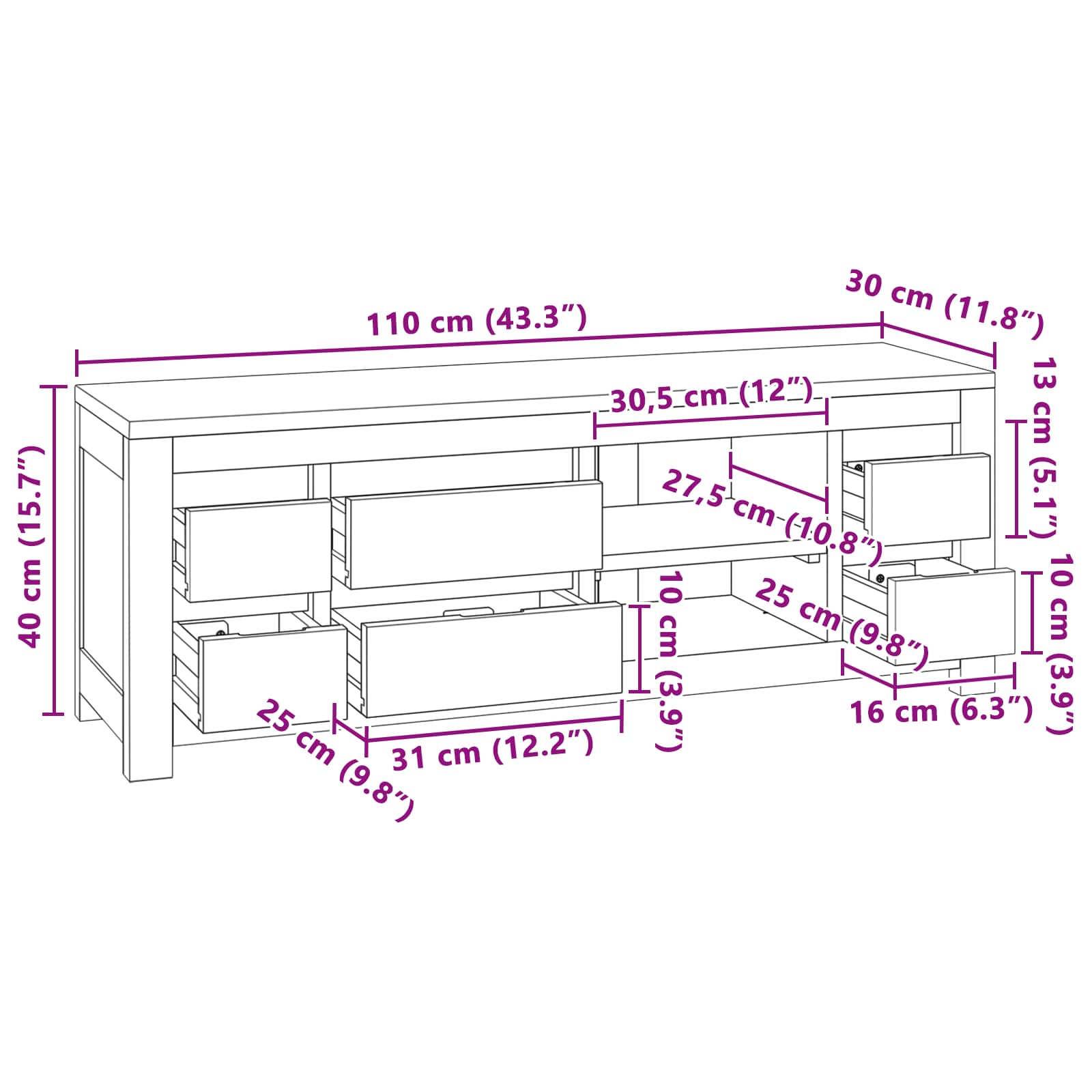 Έπιπλο τηλεόρασης 110 x 30 x 40 cm Φυσικό Στερεό Ξύλο Τίκ