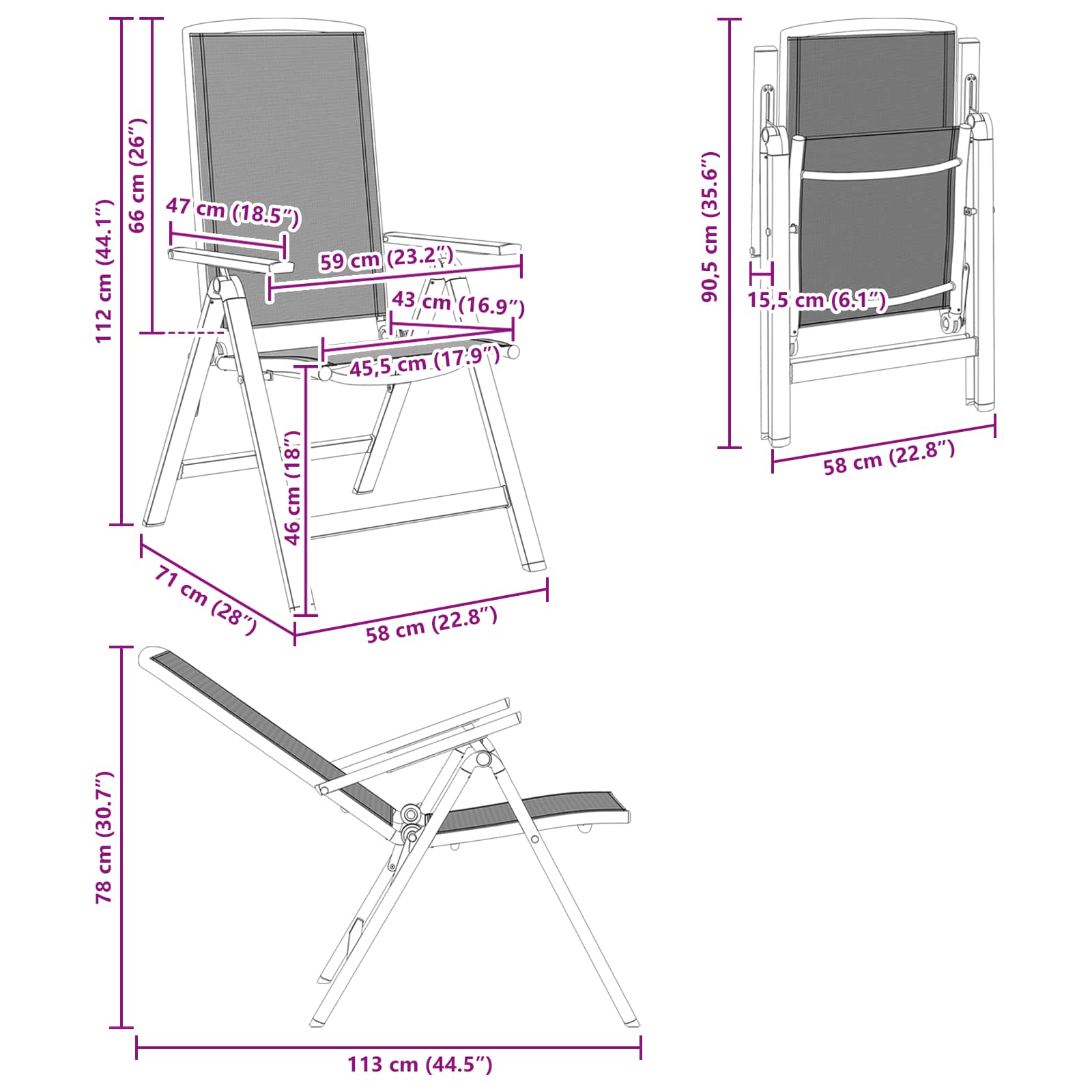 Ανακλινόμενες καρέκλες κήπου 2 pcs Μαύρο 58 x 71 x 112 εκ. - Pakobazaar