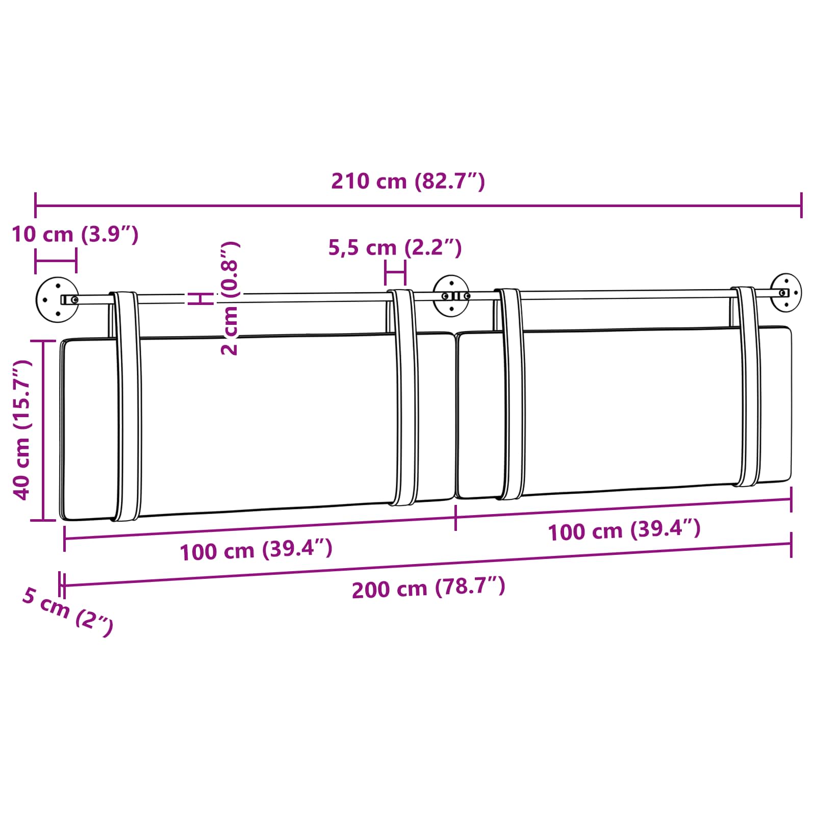 Κρεμαστό Κεφαλάρι Επιτοίχιο Μαύρο 210 x 55 x 5 εκ ύφασμα - Pakobazaar