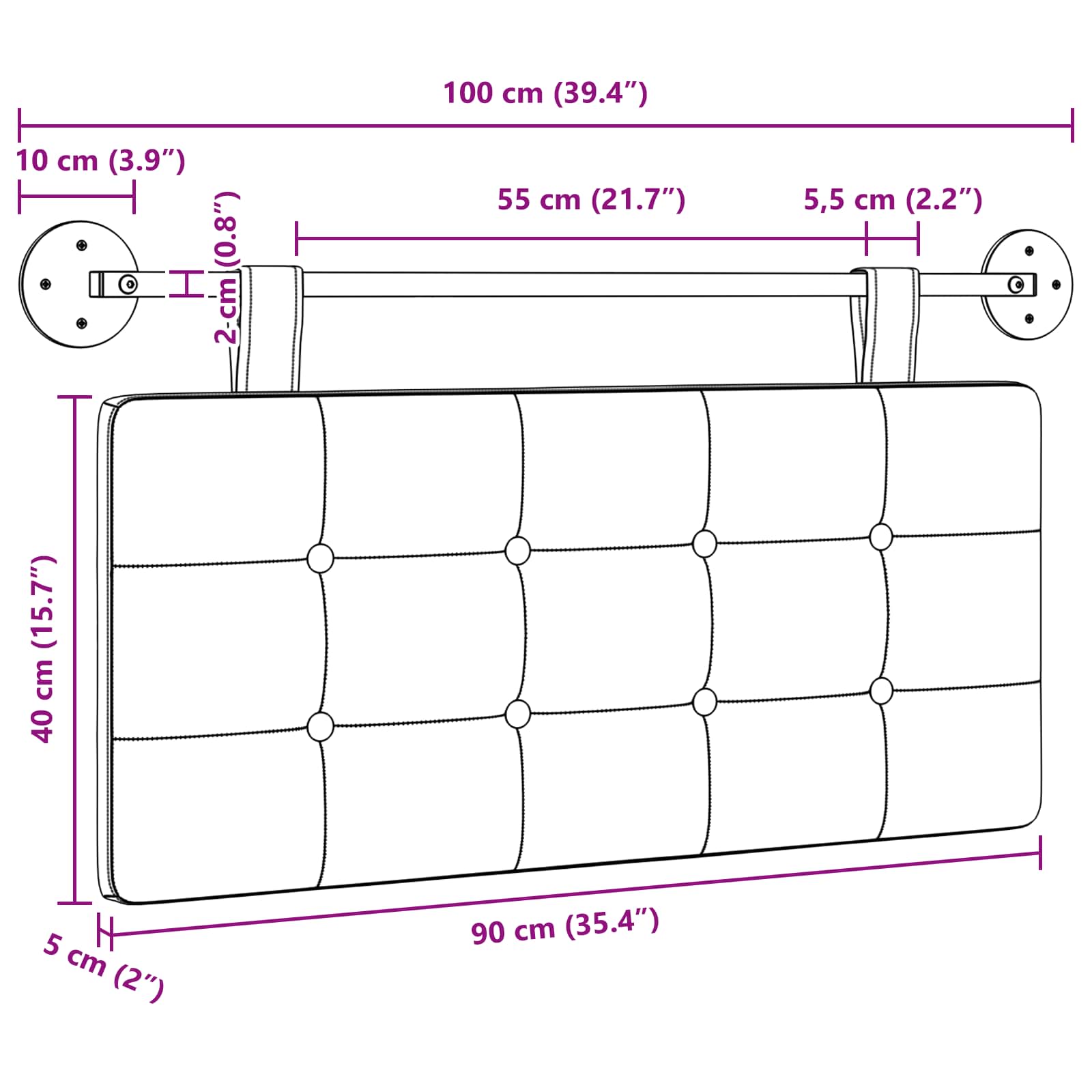 Κρεμαστό Κεφαλάρι Επιτοίχιο Γκρι 100 x 55 x 5 εκ Τεχνητό Δέρμα - Pakobazaar