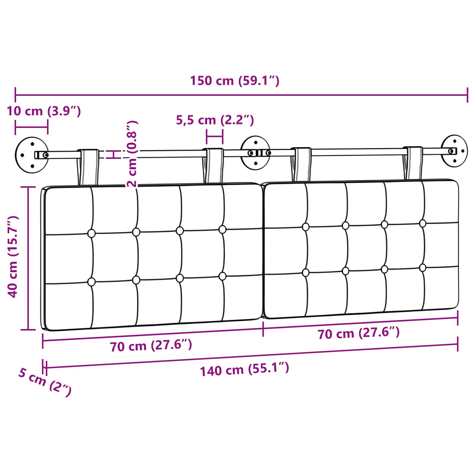 Κρεμαστό Κεφαλάρι Επιτοίχιο Ανοιχτό γκρι 150 x 55 x 5 εκ - Pakobazaar