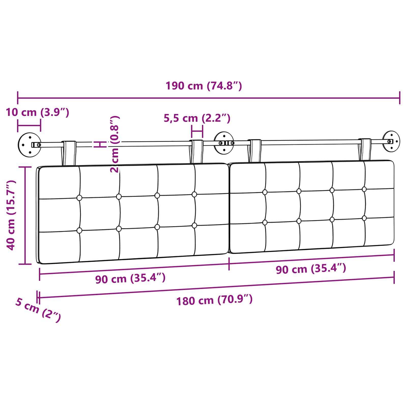 Κρεμαστό Κεφαλάρι Επιτοίχιο Λευκός 190 x 55 x 5 εκ ύφασμα - Pakobazaar