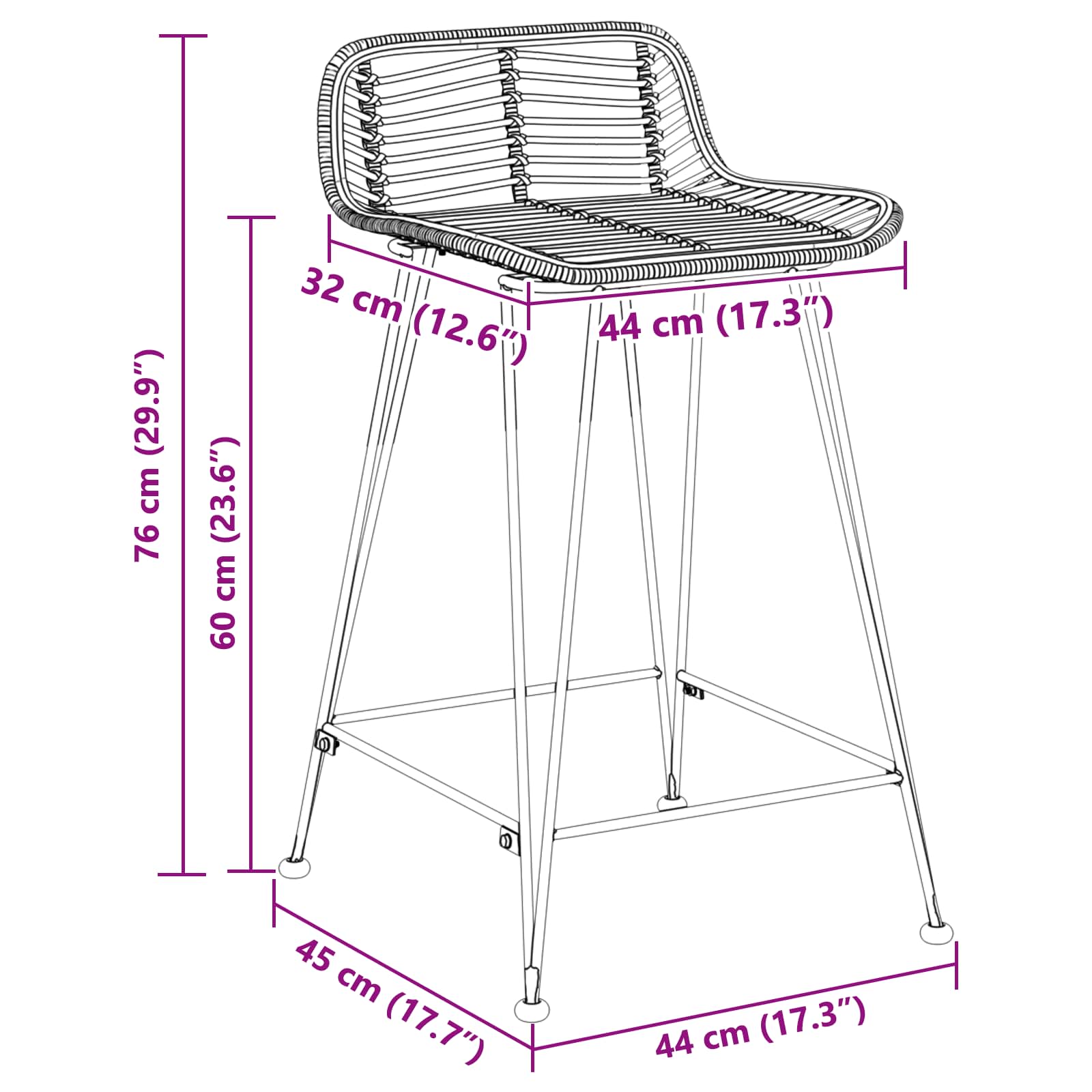 Μπαρ σκαμπό 2 pcs Μαύρο 44 x 45 x 76 εκ. Ράτταν και Χάλυβας - Pakobazaar