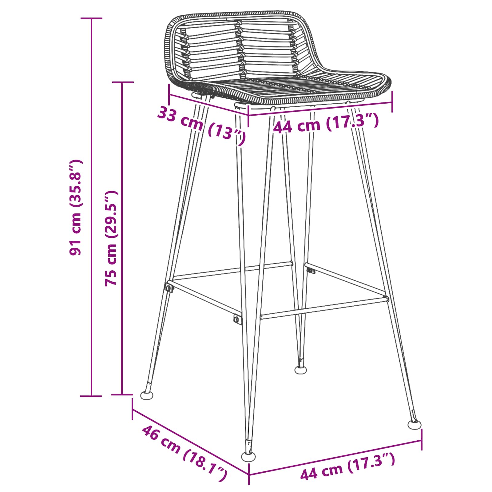 Μπαρ σκαμπό 2 pcs Μαύρο 44 x 46 x 91 εκ. Ράτταν και Χάλυβας - Pakobazaar