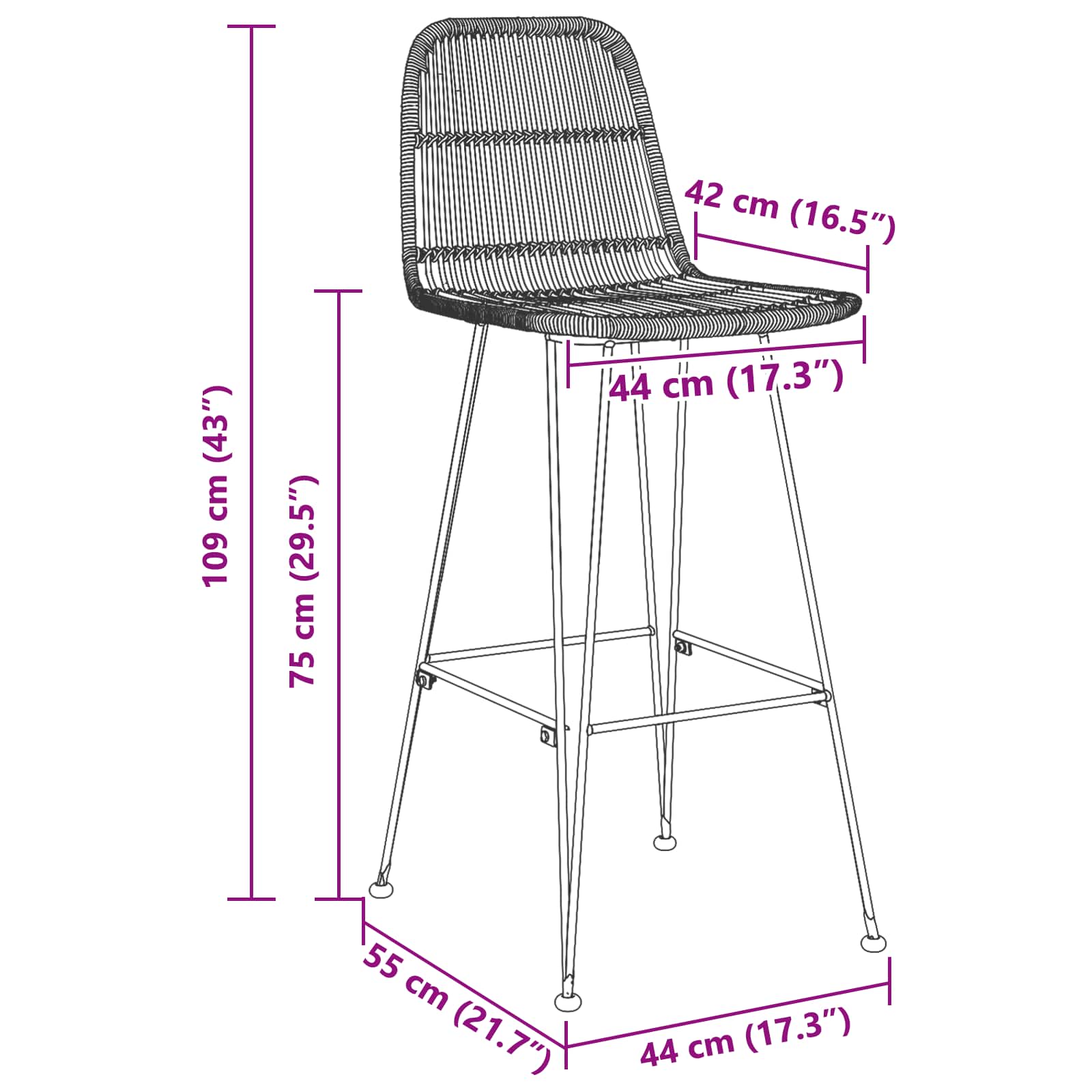 Μπαρ σκαμπό 2 pcs Φυσικό 44 x 55 x 109 εκ. Ράτταν και Χάλυβας - Pakobazaar