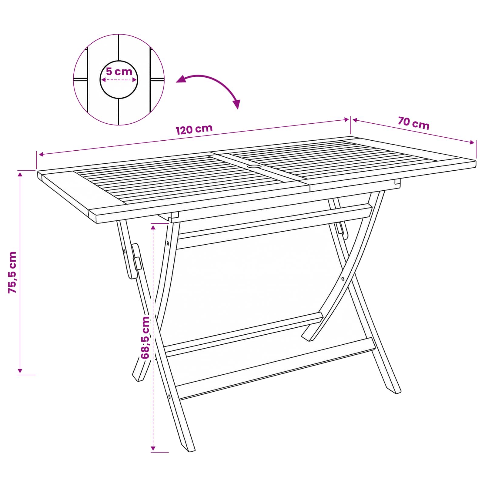 Αναδιπλούμενο Τραπέζι Κήπου Φυσικό 120 x 70 x 75,5 εκ.