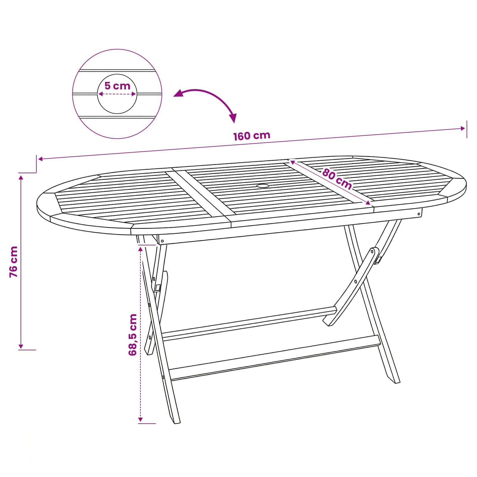 Αναδιπλούμενο Τραπέζι Κήπου Φυσικό 160 x 80 x 76 cm - Pakobazaar