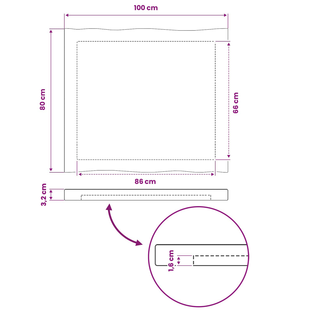 Ορθογώνια Επιφάνεια Τραπεζιού 100 x 80 x 3,2 cm Ορθογώνιος
