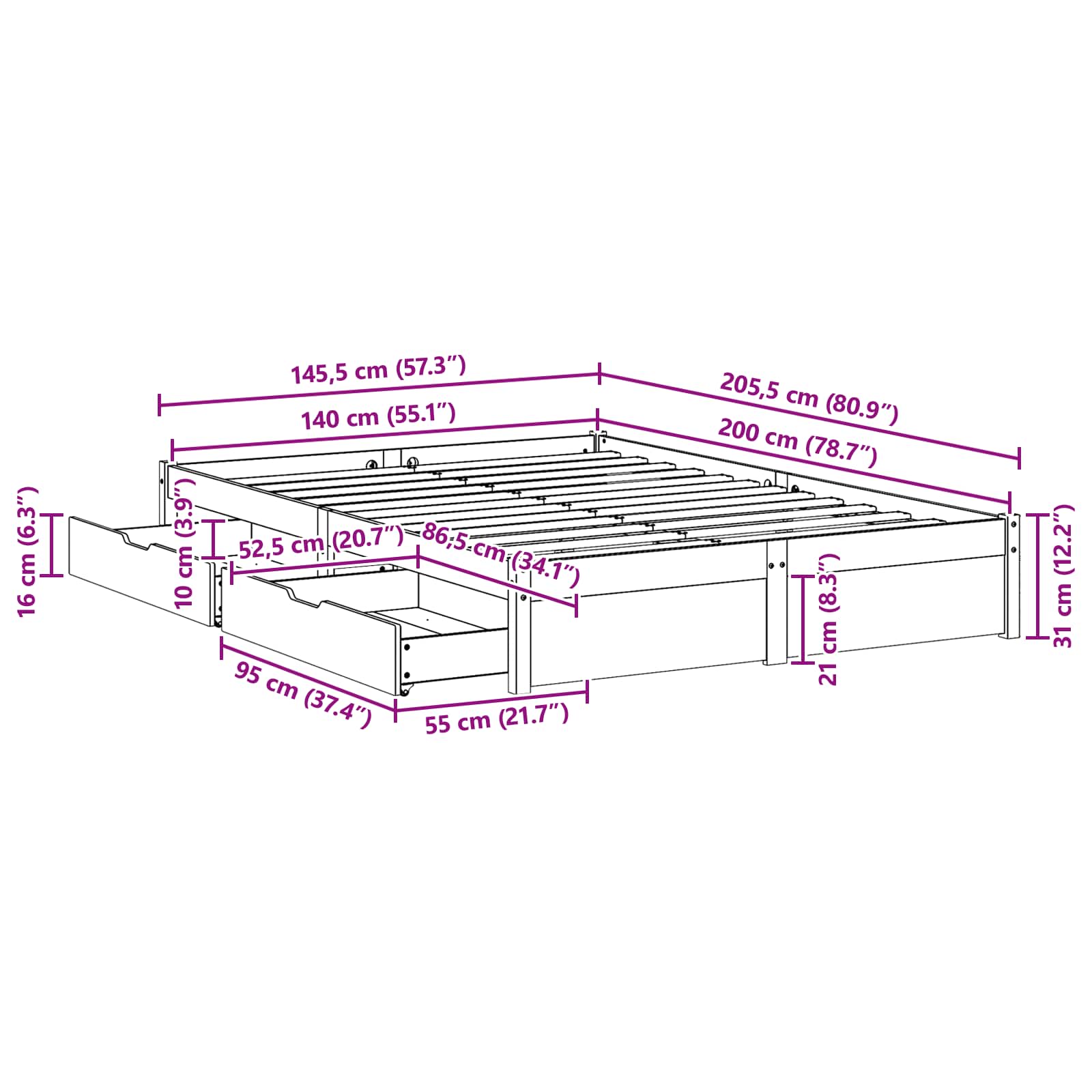 Σκελετός Κρεβατιού Κερωτό καφέ 140 x 200 cm Στερεό ξύλο πεύκου