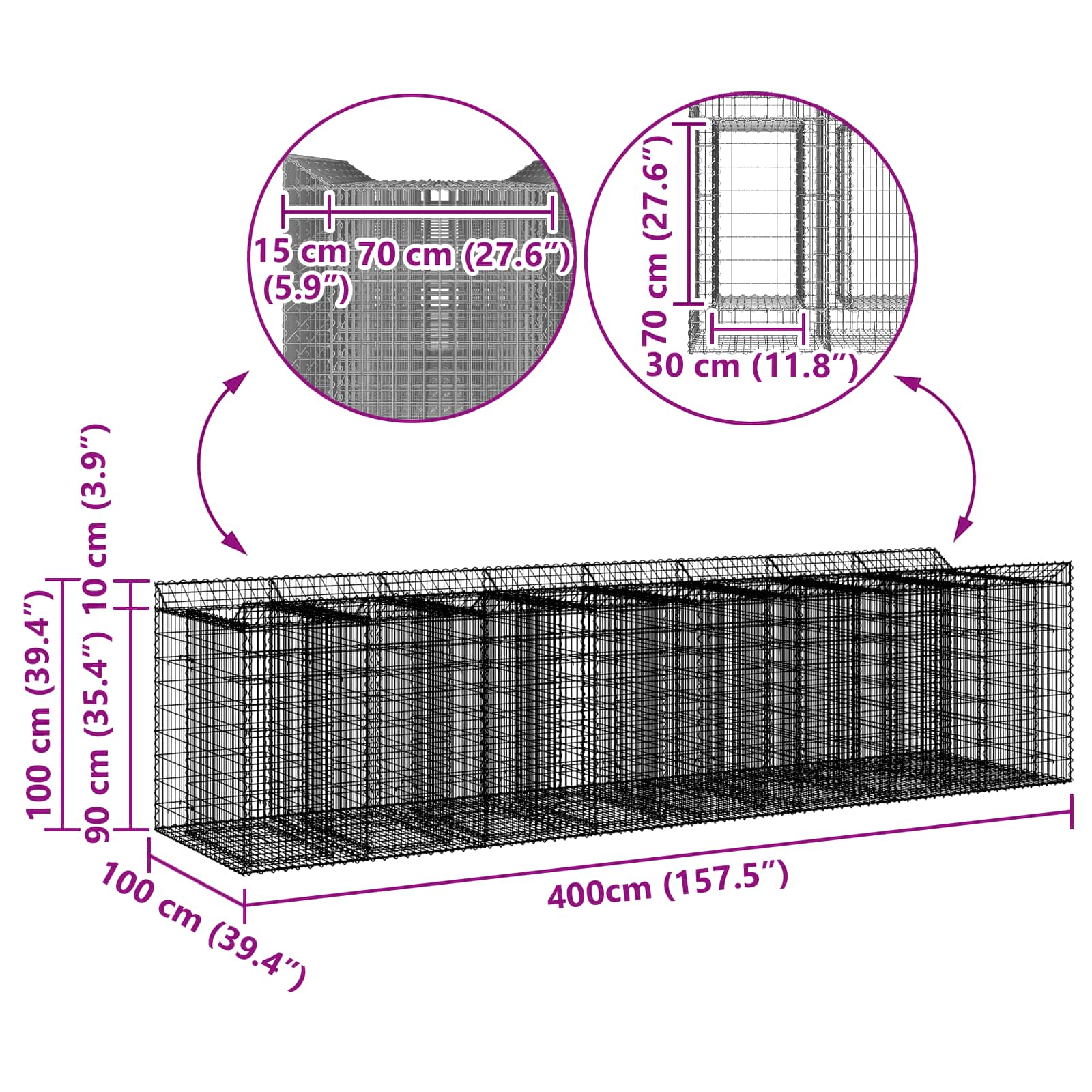 Ανασηκωμένο κρεβάτι gabion 4 pcs Ασημί - Pakobazaar