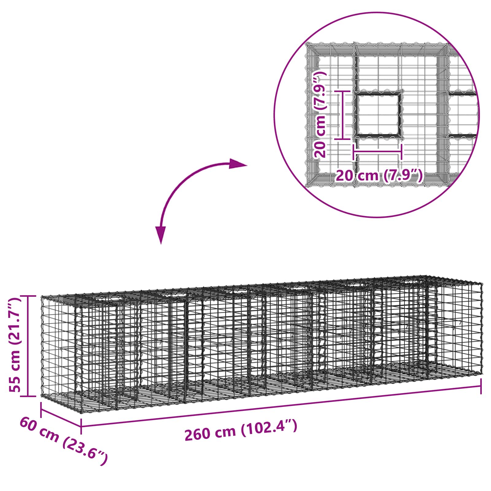 Ανασηκωμένο κρεβάτι gabion 2 pcs Ασημί 260 x 60 x 55 εκ - Pakobazaar