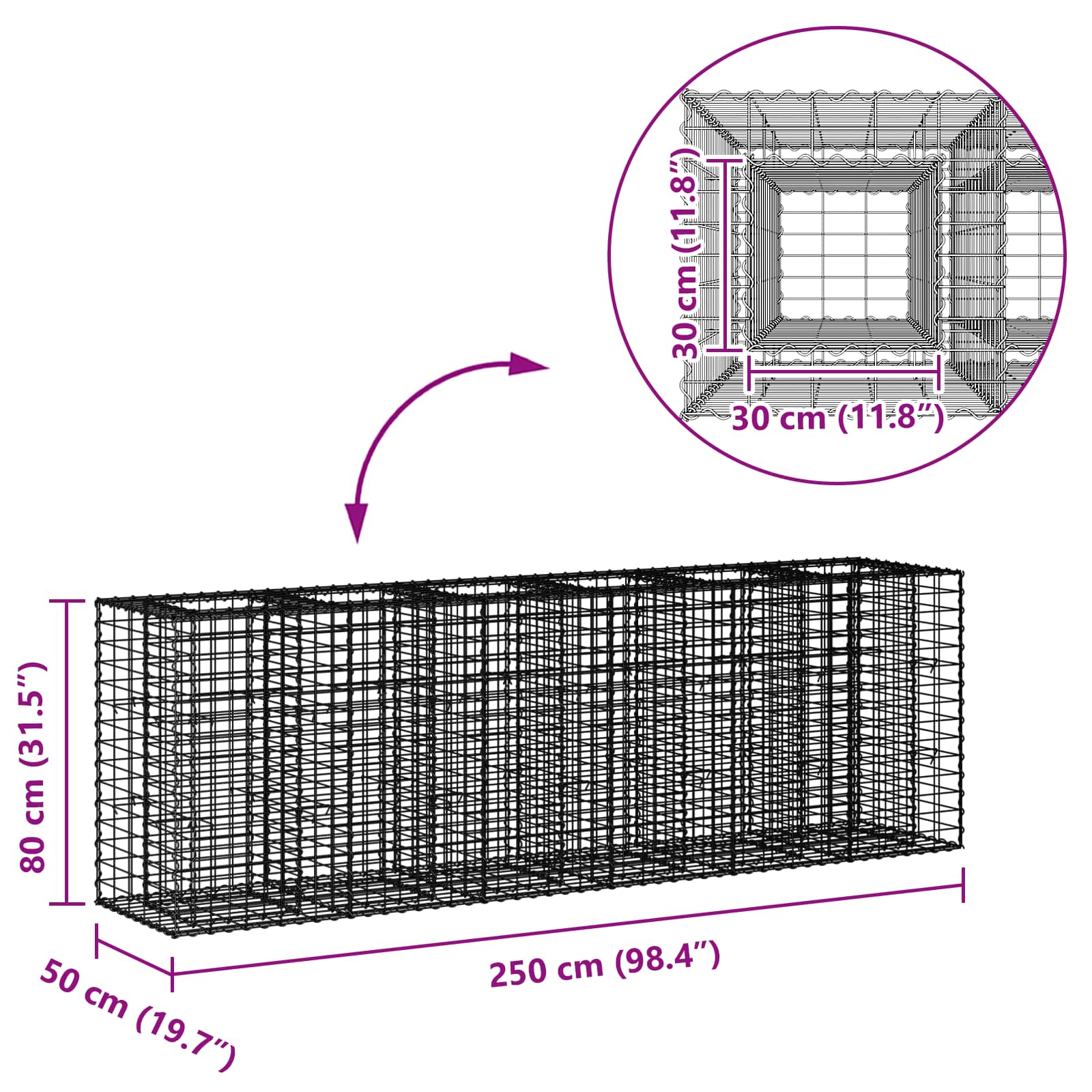 Ανασηκωμένο κρεβάτι gabion 2 pcs Ασημί 250 x 50 x 80 εκ - Pakobazaar