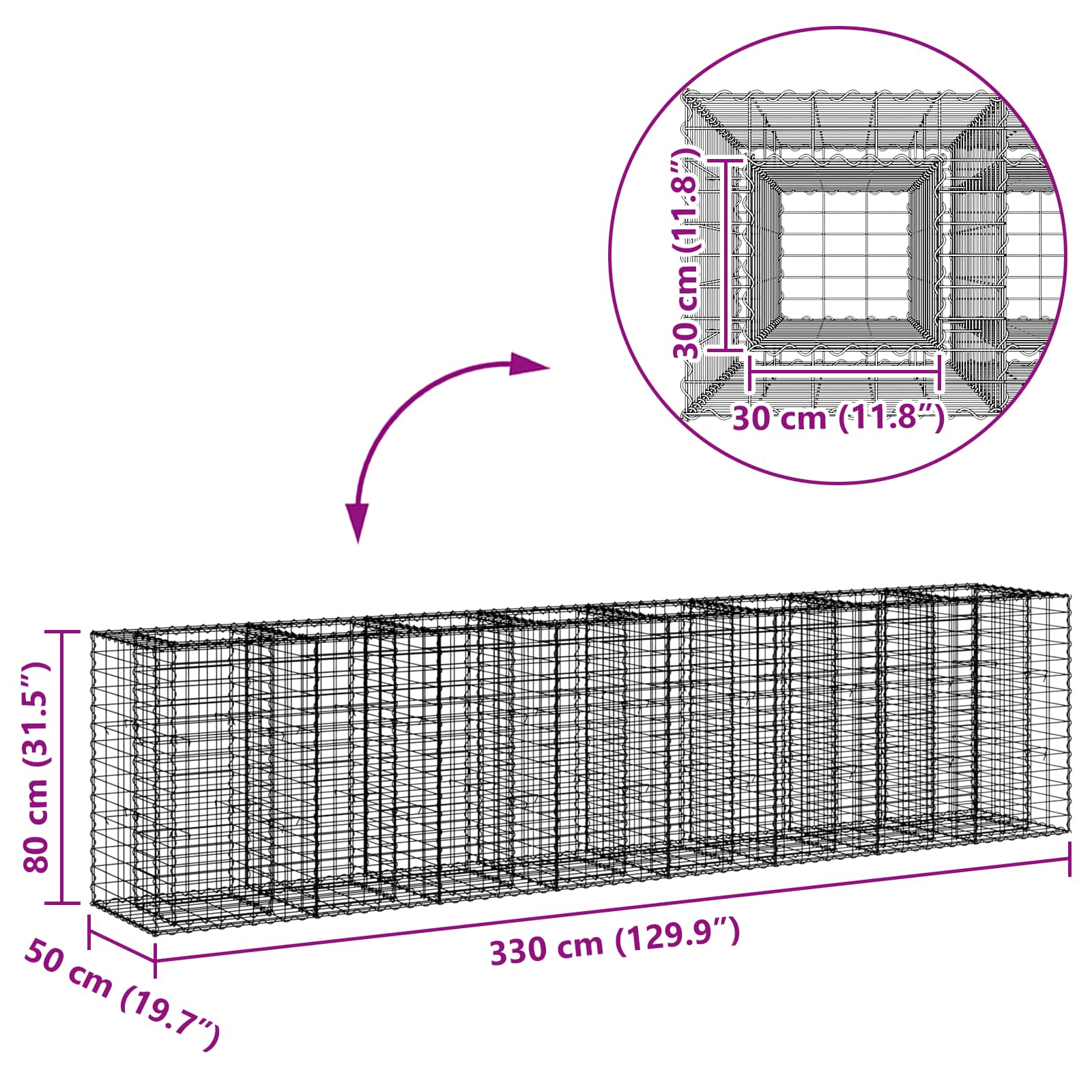 Ανασηκωμένο κρεβάτι gabion 2 pcs Ασημί 330 x 50 x 80 εκ - Pakobazaar