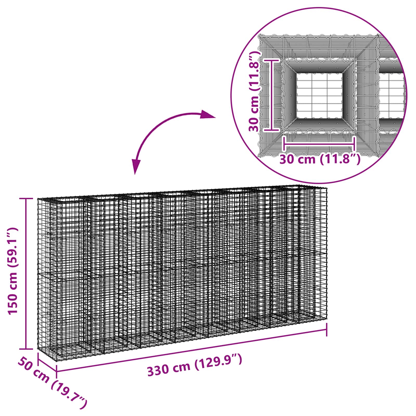 Ανασηκωμένο κρεβάτι gabion 4 pcs Ασημί 330 x 50 x 150 εκ - Pakobazaar