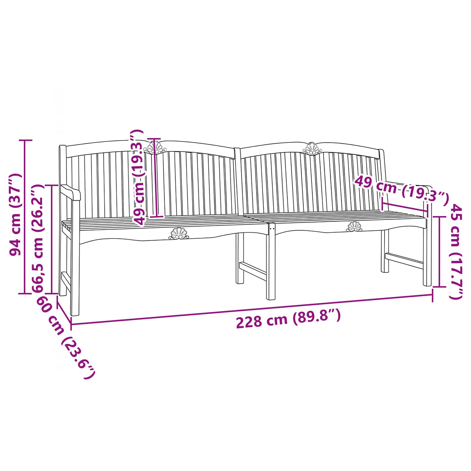 Χειροποίητη Ροζ Παγκάκι Φυσικό 228 x 61 x 94,5 εκ - Pakobazaar