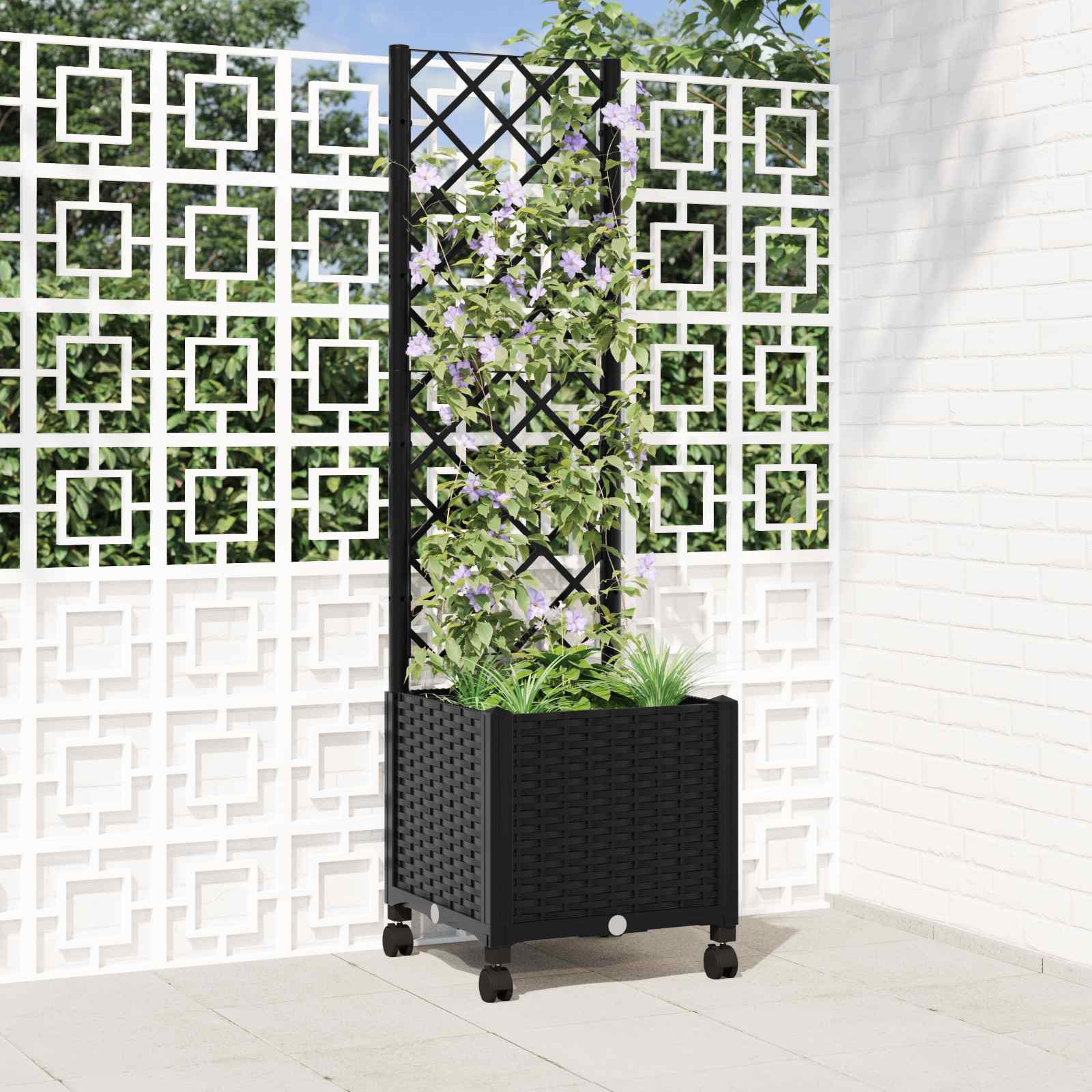 Γλάστρα κήπου με πέργκολα & τροχούς Μαύρο 40 x 40 x 146 εκ PP - Pakobazaar
