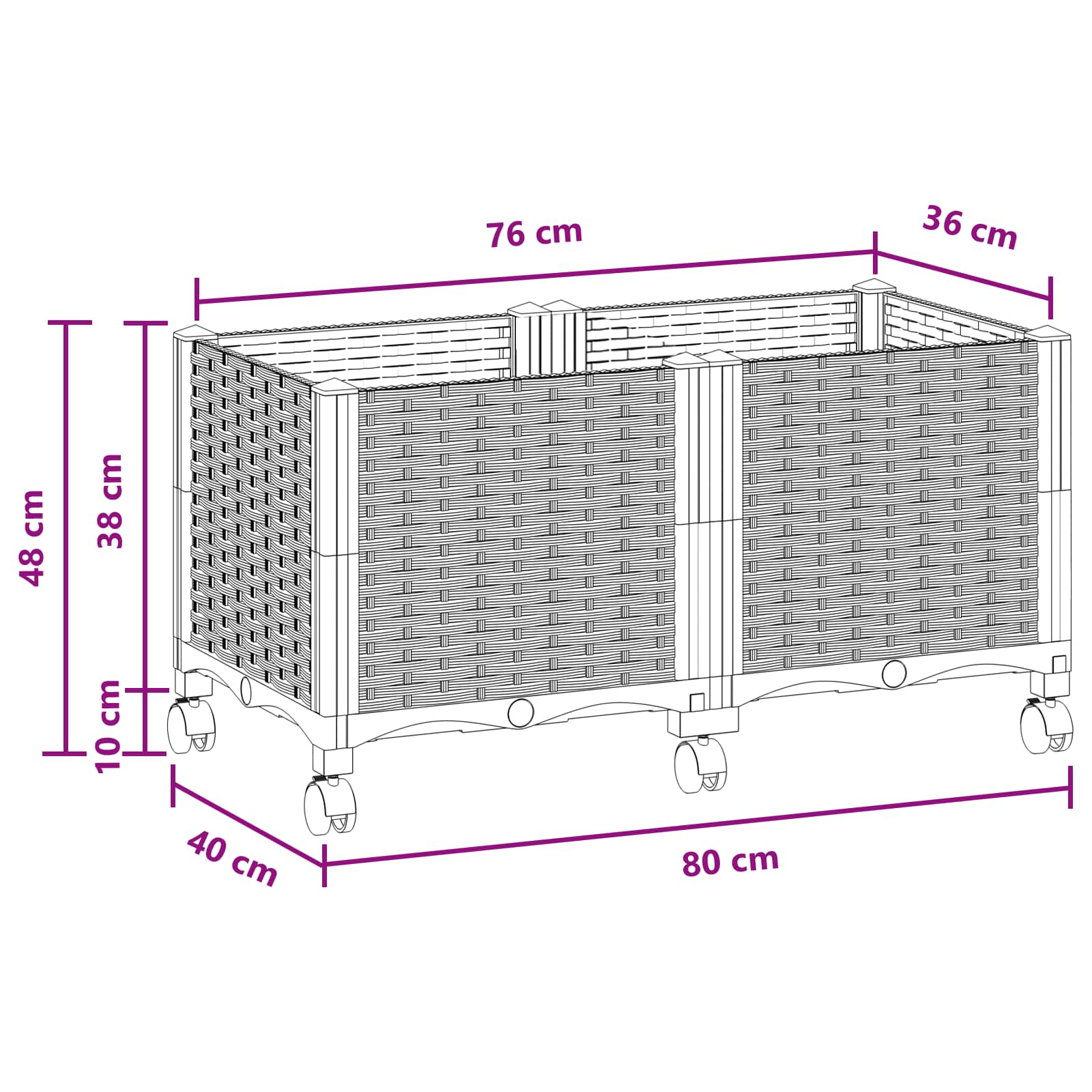 Κήπος Γλαστράκι με Ροδάκια Μαύρο 80 x 40 x 44 εκ PP - Pakobazaar