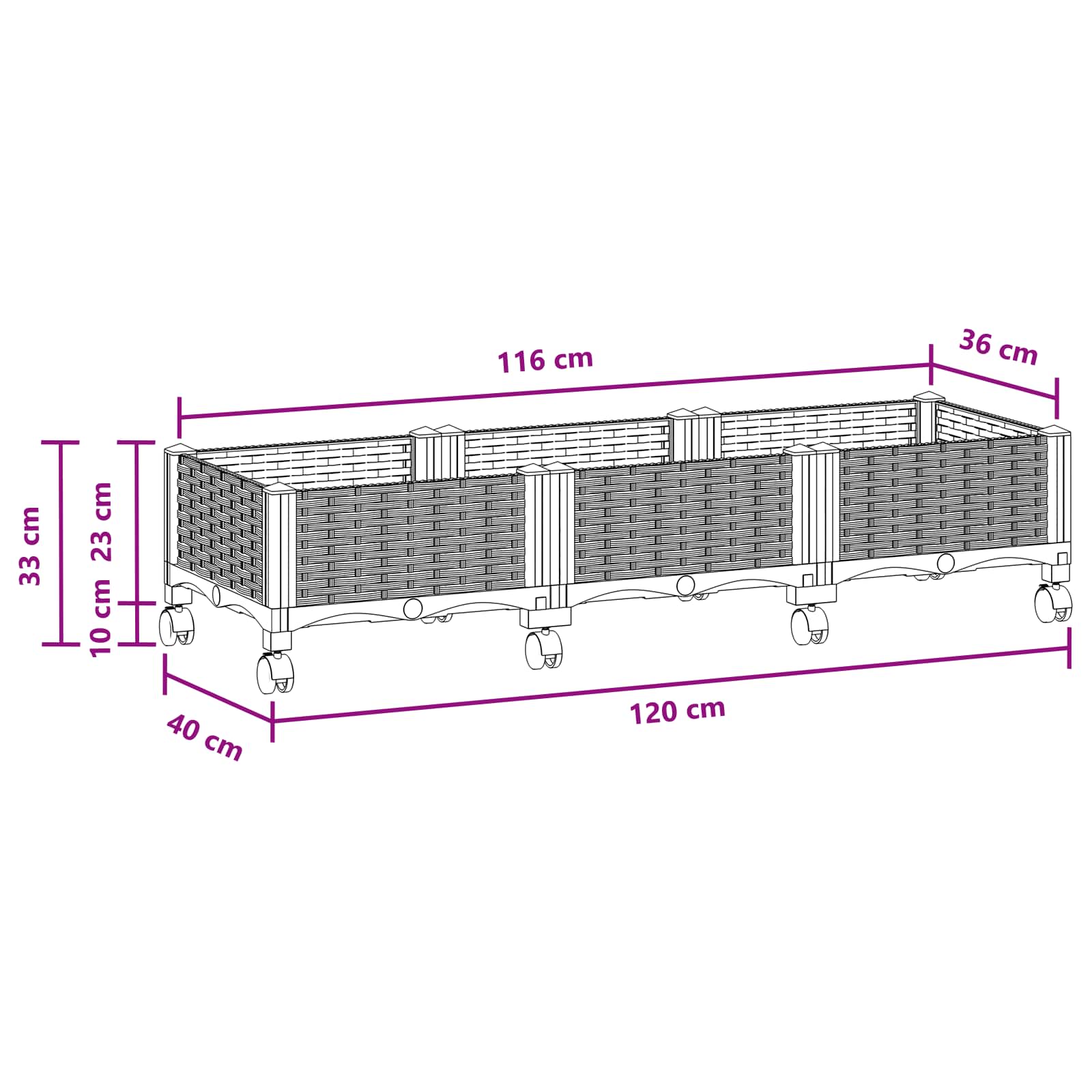 Κήπος Γλαστράκι με Ροδάκια Μαύρο 120 x 40 x 29 εκ PP - Pakobazaar