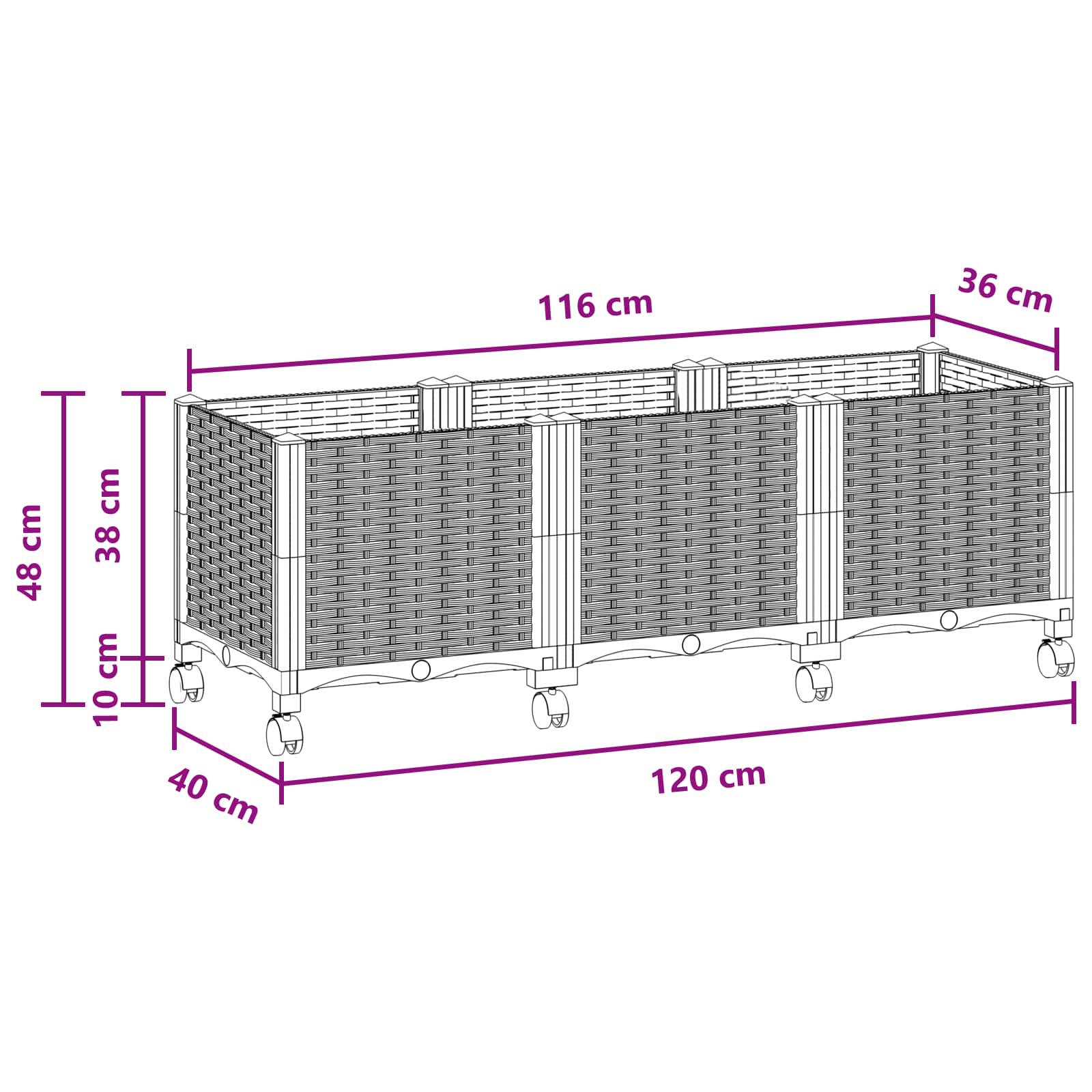Κήπος Γλαστράκι με Ροδάκια Μαύρο 120 x 40 x 44 εκ PP - Pakobazaar