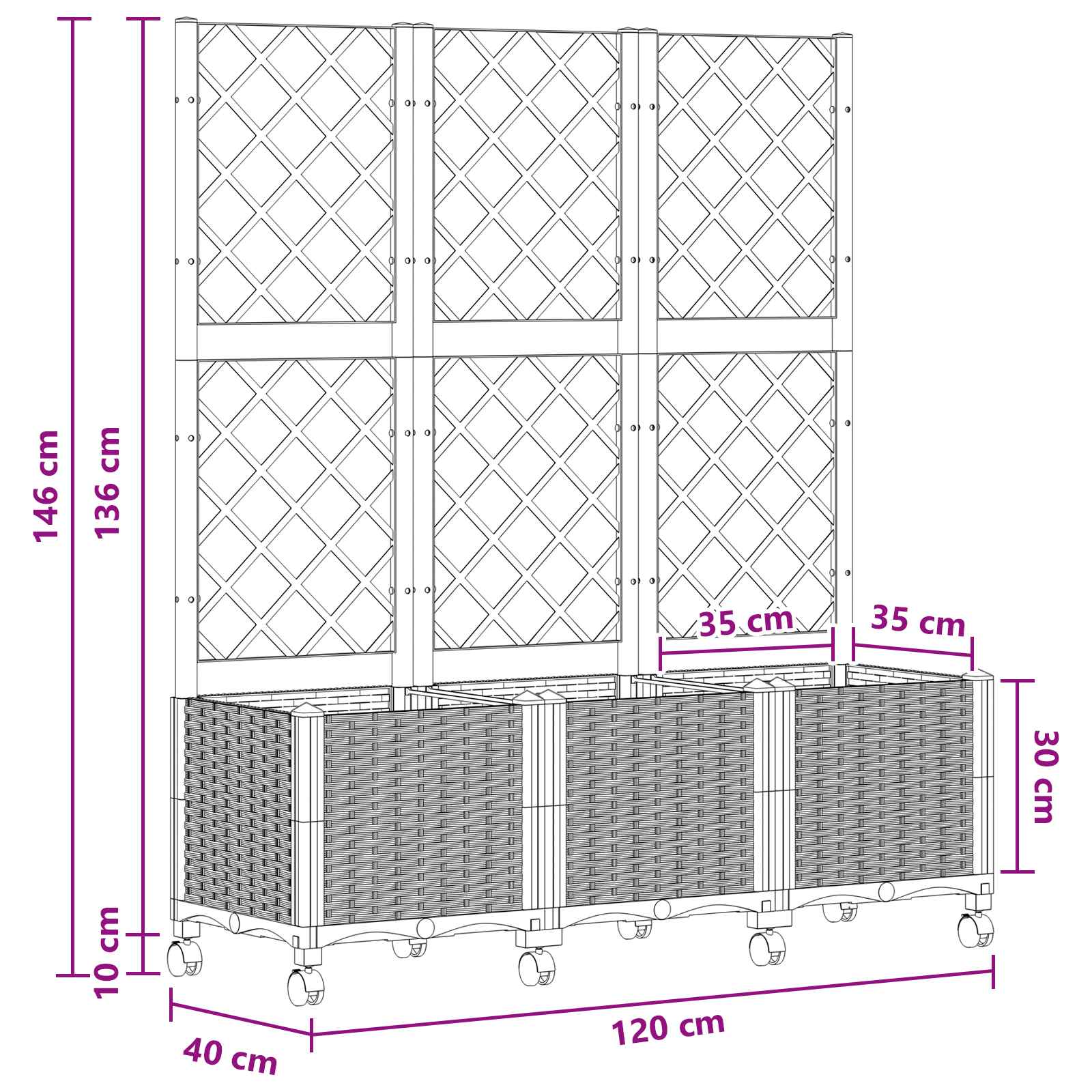 Γλάστρα κήπου με πέργκολα & τροχούς Μαύρο 120 x 40 x 146 εκ PP - Pakobazaar