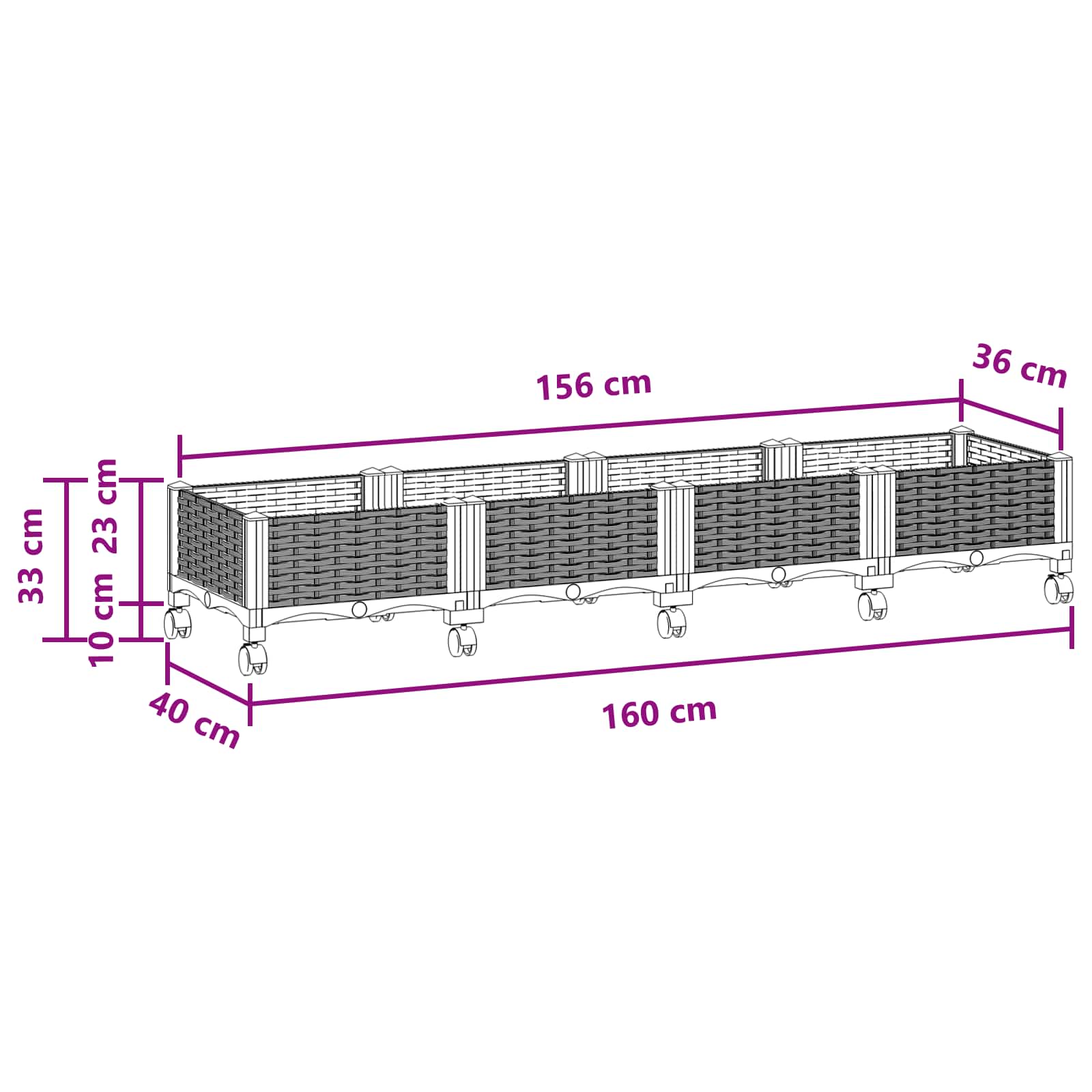 Κήπος Γλαστράκι με Ροδάκια Μαύρο 160 x 40 x 29 εκ PP - Pakobazaar